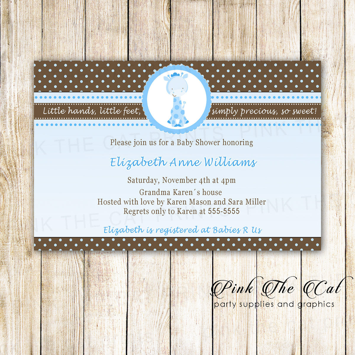 30 Invitations Giraffe Boy Birthday Baby Shower Blue Brown