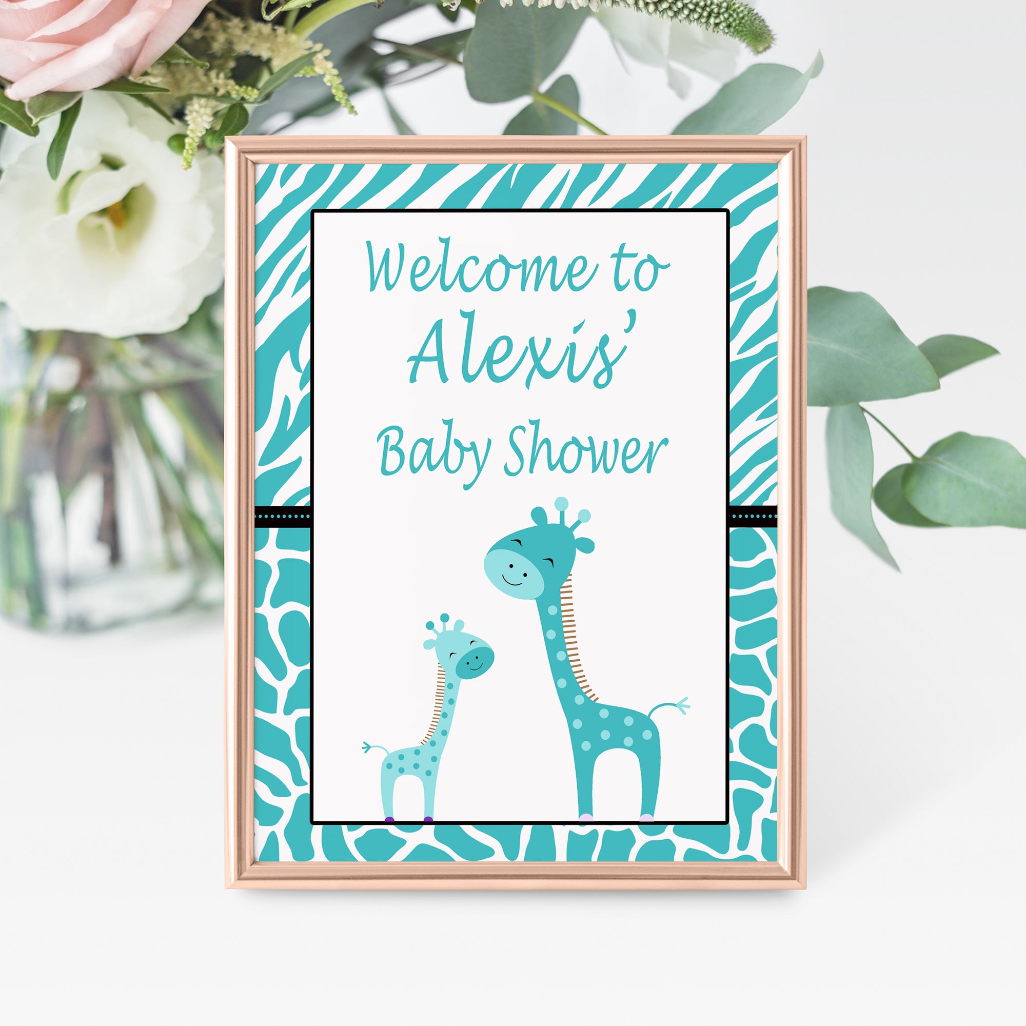 Teal giraffes welcome sign baby shower decoration printable