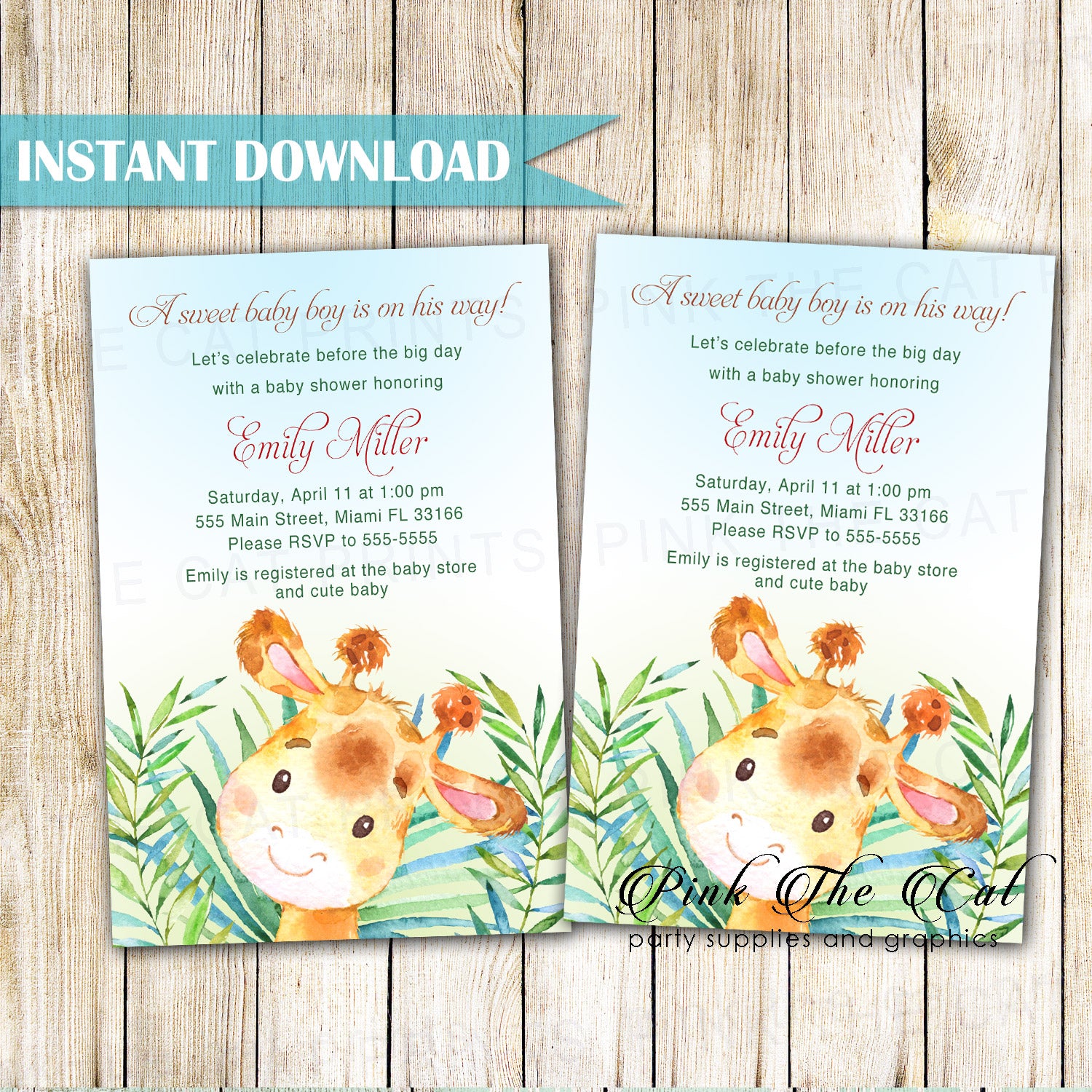 Watercolor painted giraffe baby shower invitation printable