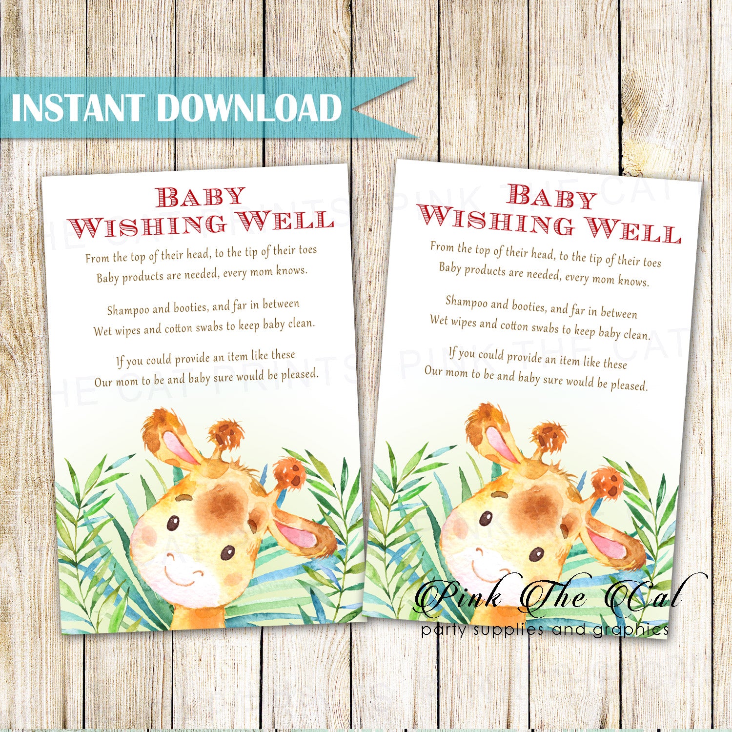 Giraffe Wishing Well Card Baby Shower Watercolor Printable