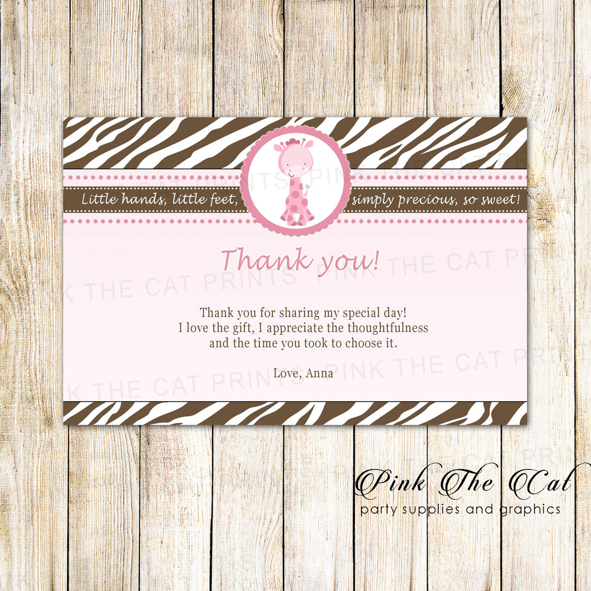 Giraffe Thank You Card Note Pink Brown Birthday Baby Shower Printable