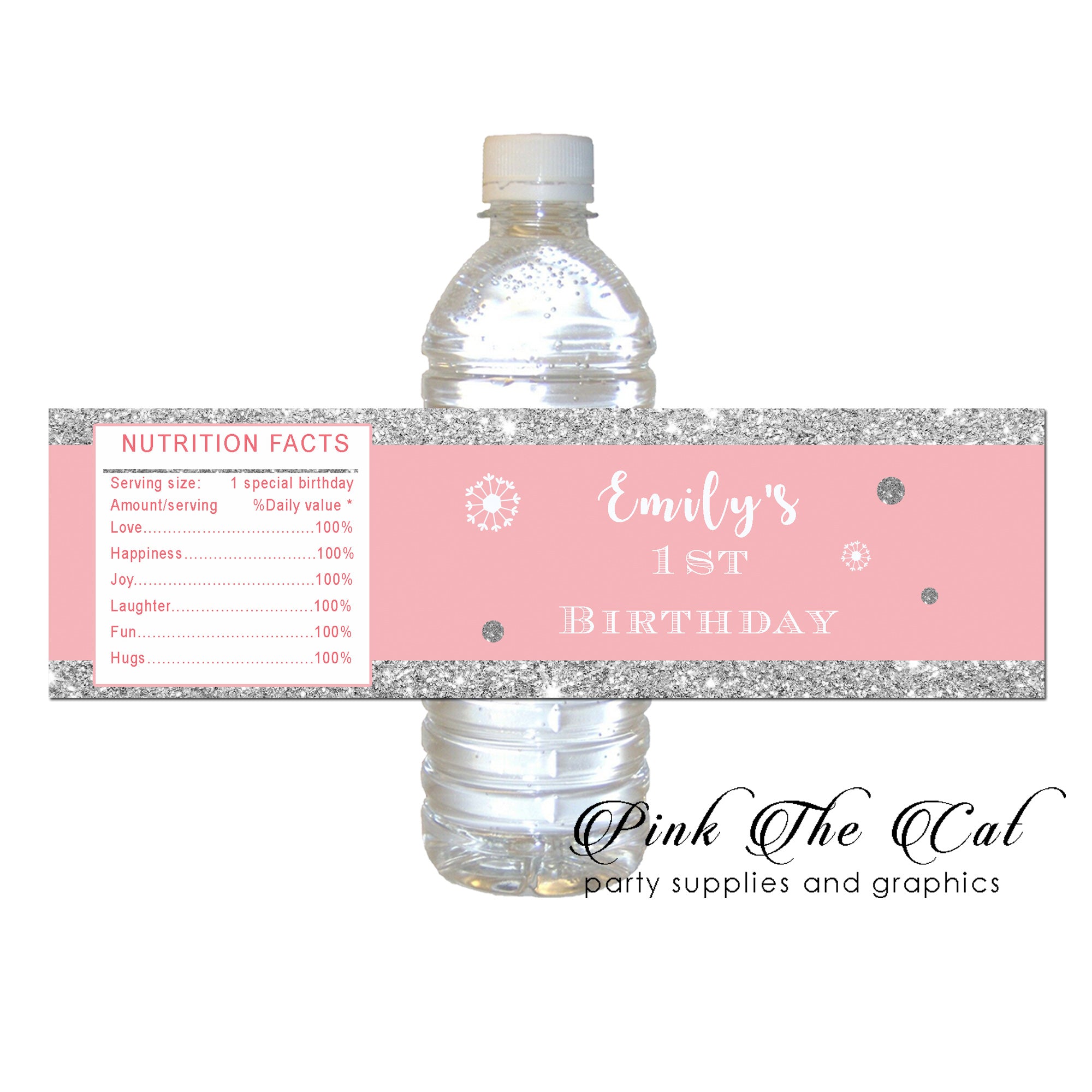 Blush pink glitter silver bottle label personalized birthday printable