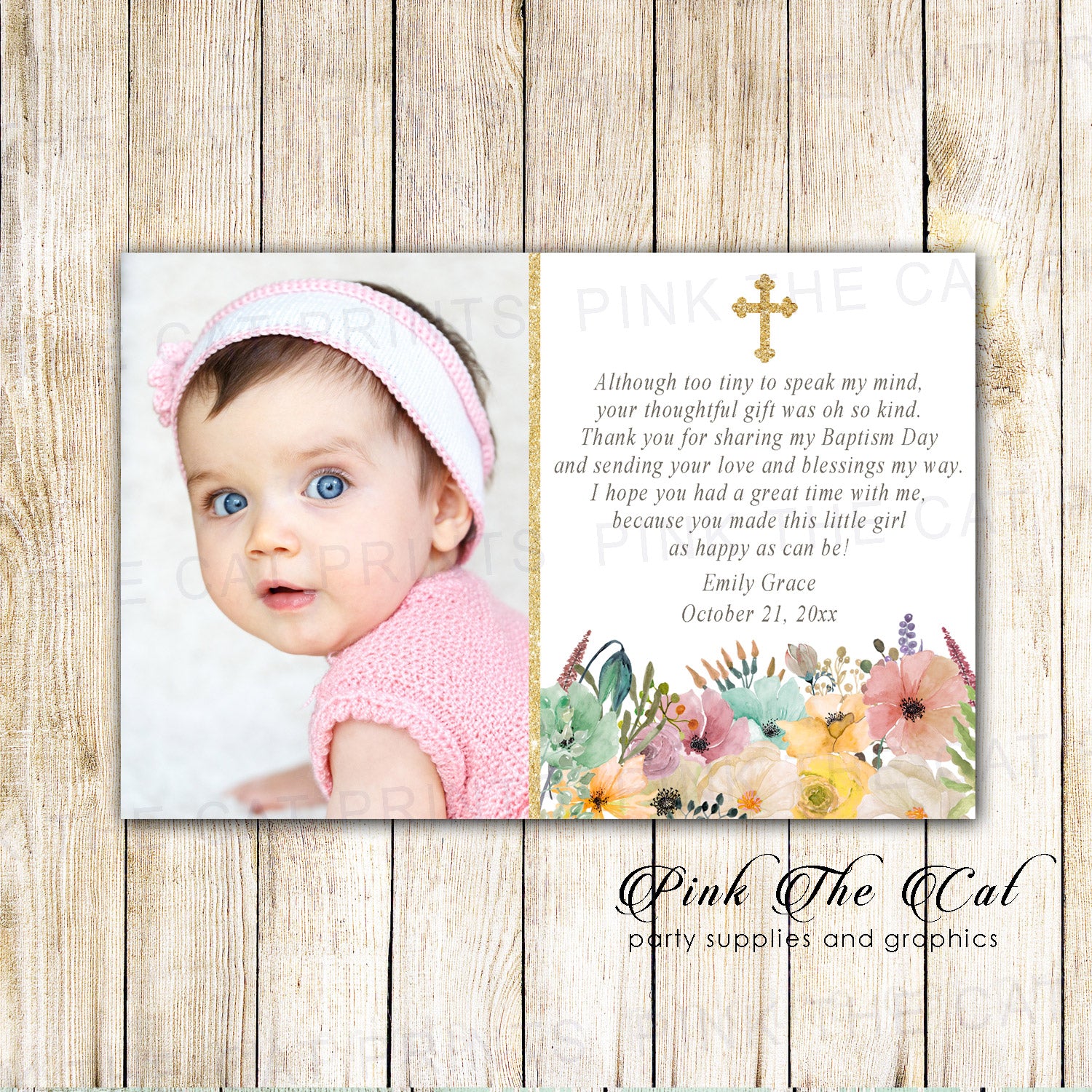30 Thank You Cards Floral Girl Baptism Christening With Photo