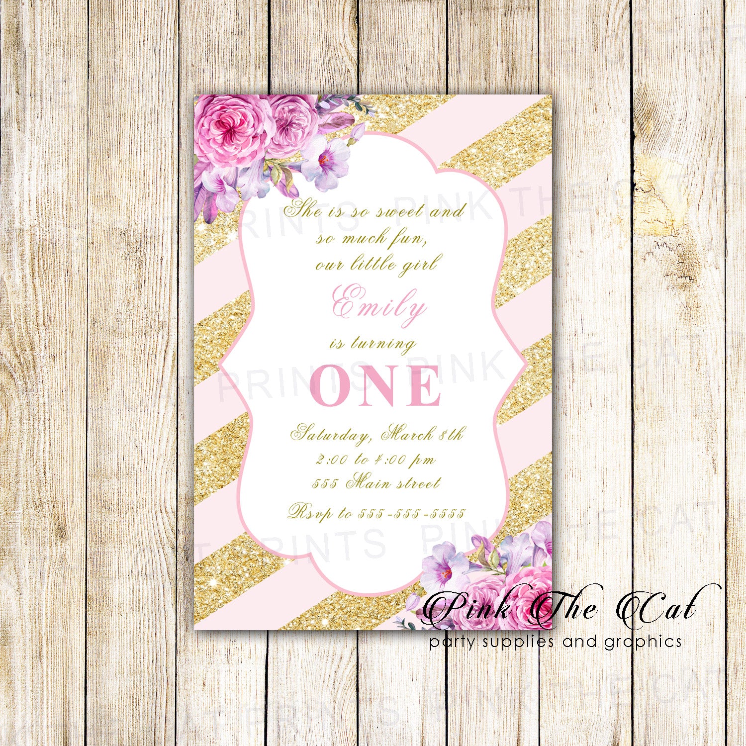 30 Invitations Girl Birthday Blush Gold Glitter Stripes Floral