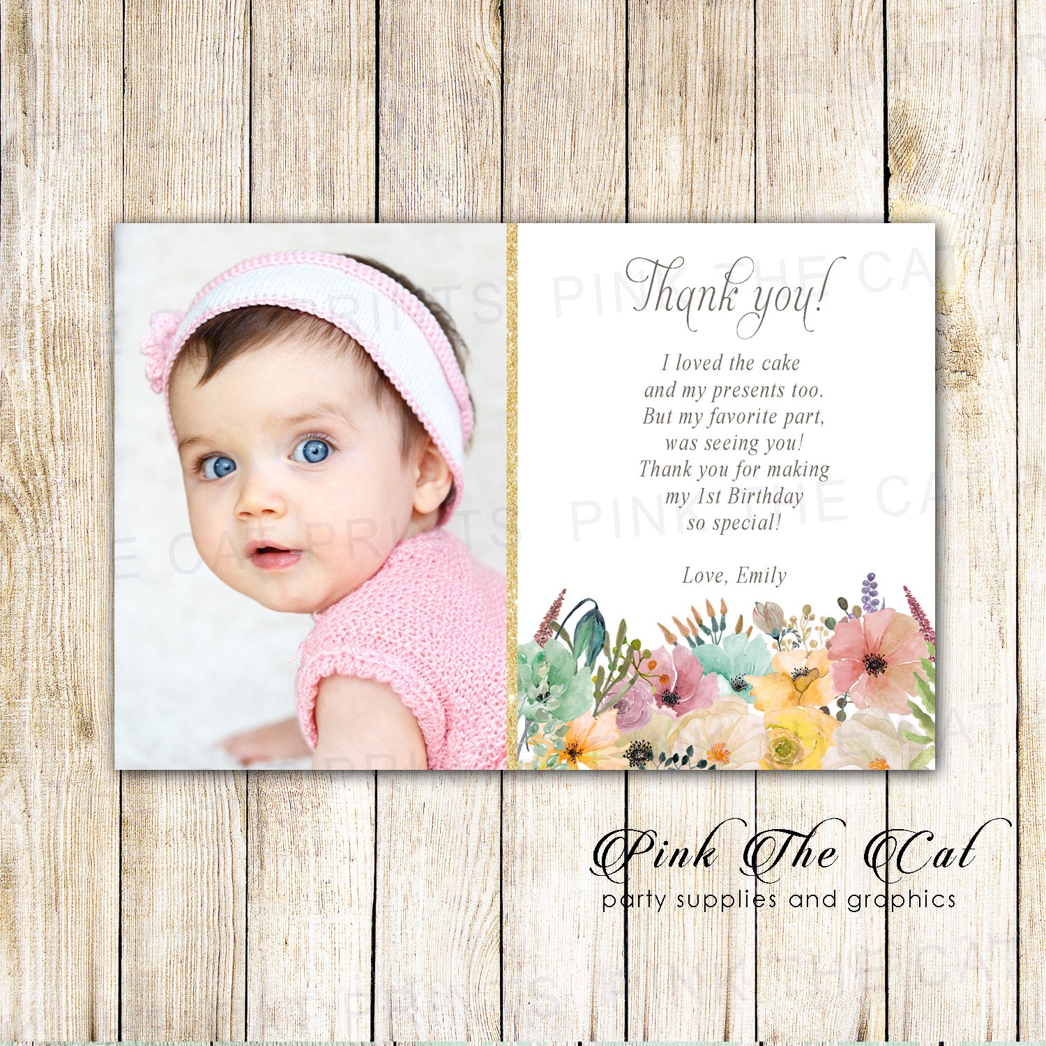 30 Thank you cards girl birthday floral gold with photo