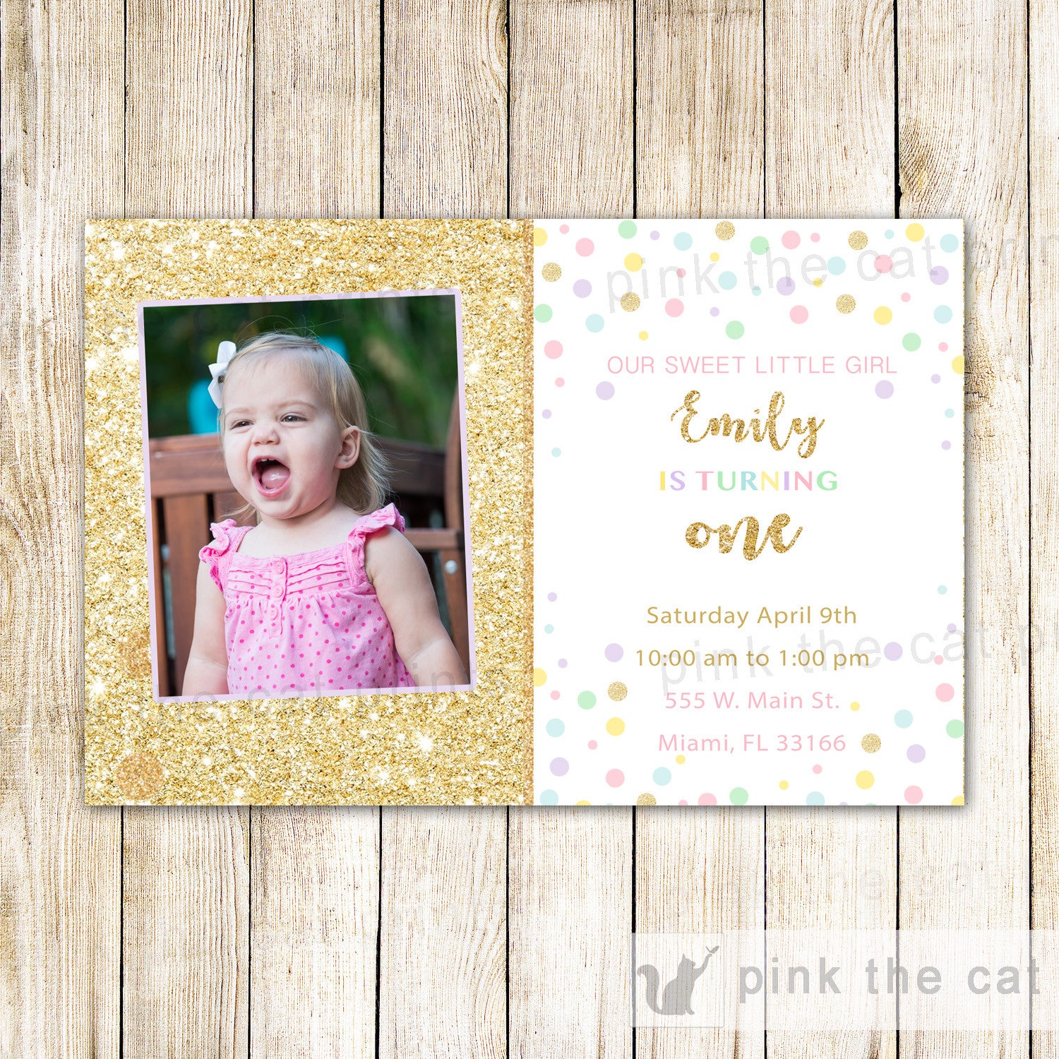 Gold Glitter Invitation Girl Birthday Photo Card