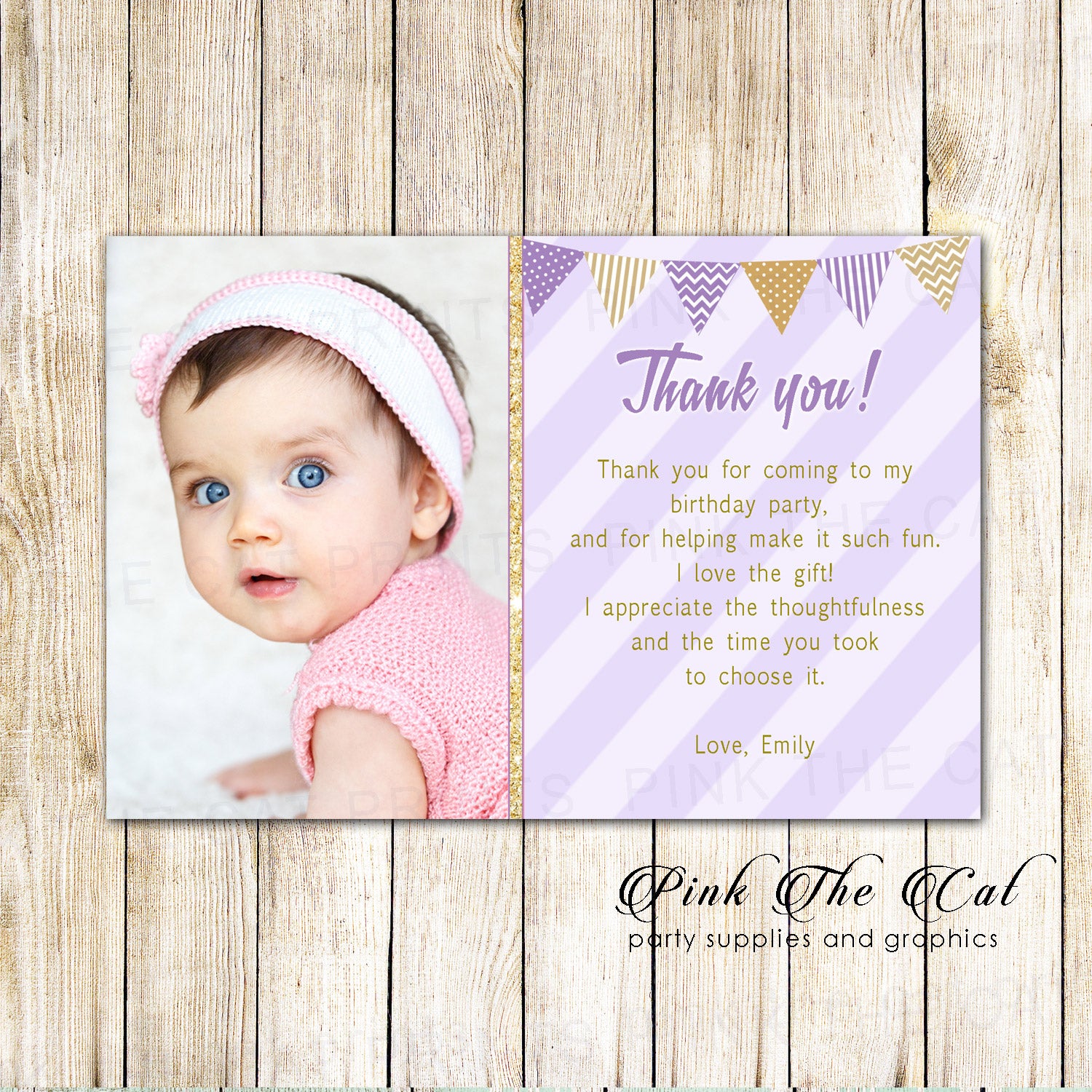 Thank you card girl birthday gold lavender photo printable
