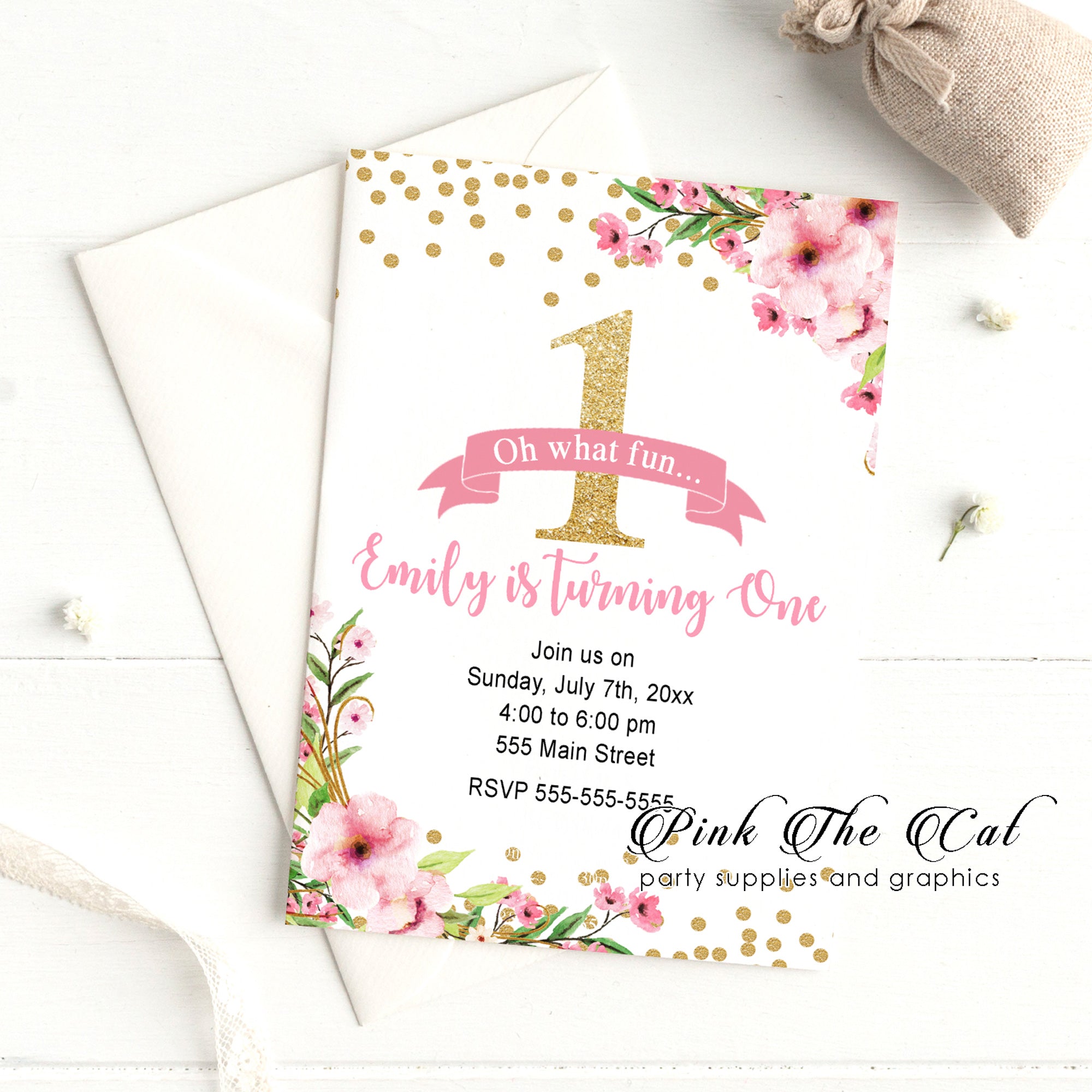 First birthday invitation pink gold glitter floral watercolor (set of 30)