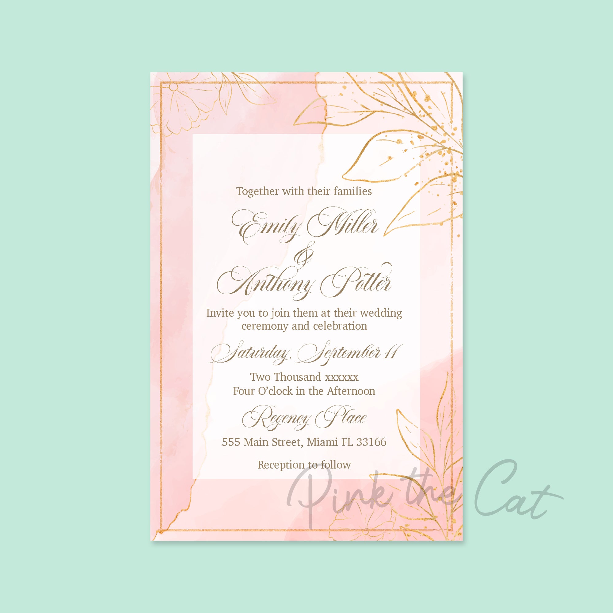 Blush pink gold glitter wedding invitations