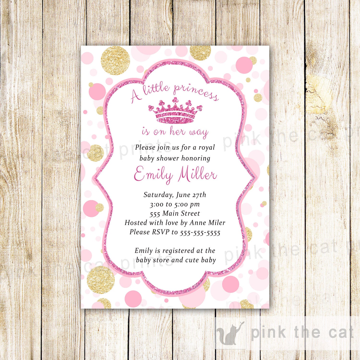 Princess Invitation Confetti Birthday Baby Shower Pink Gold