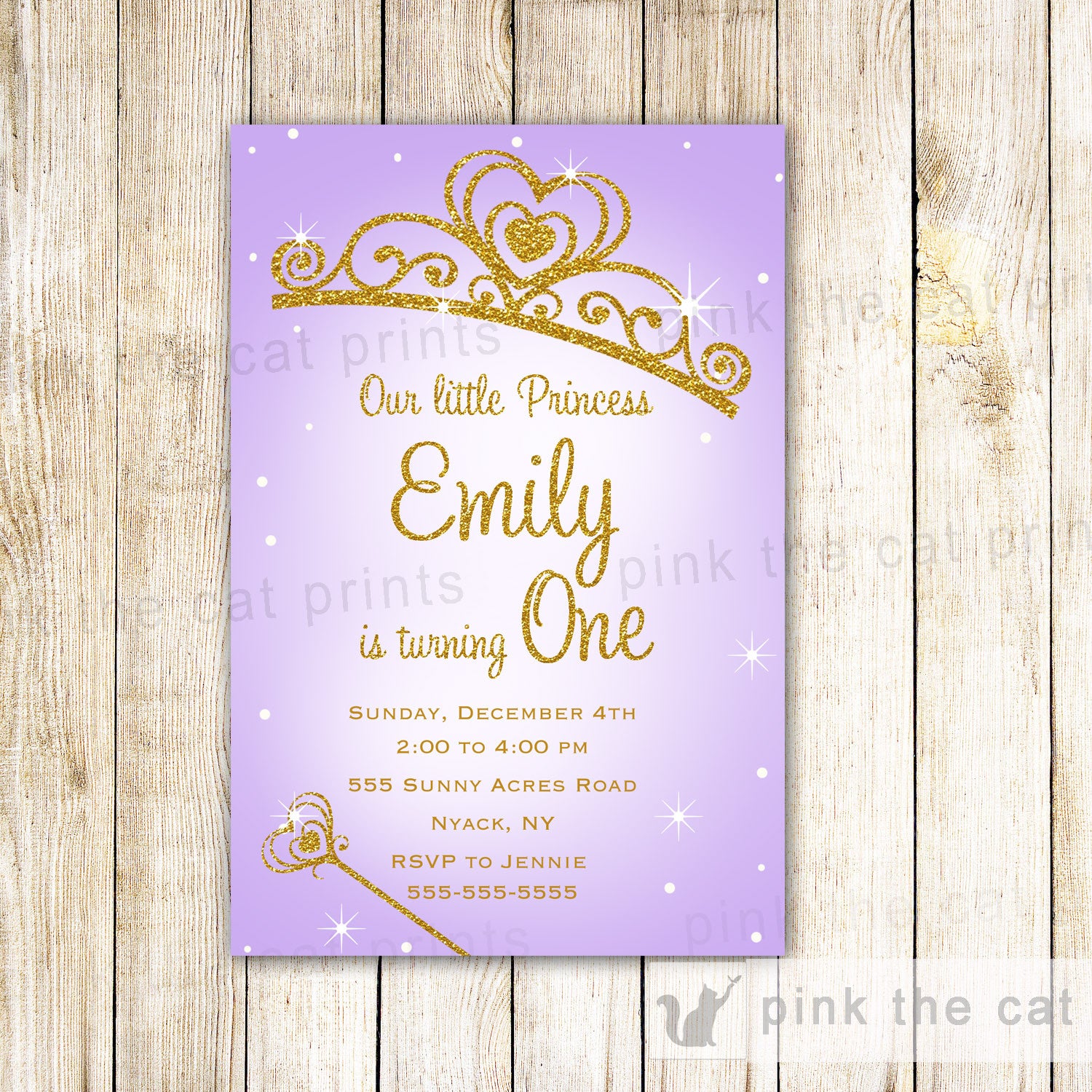 Princess Invitation Gold Glitter Purple Girl Birthday Baby Shower