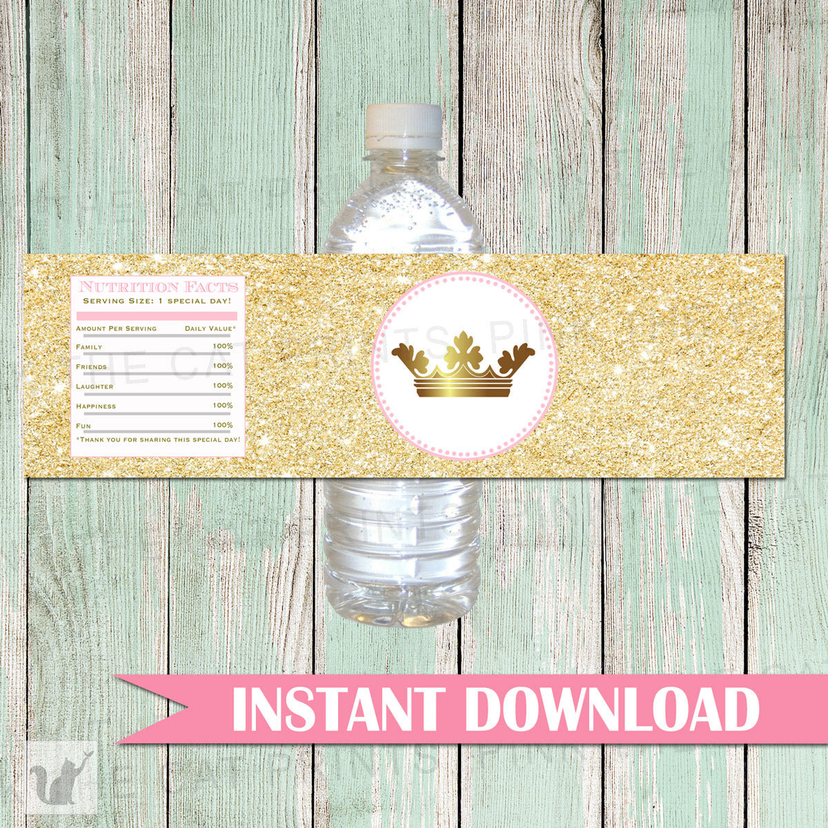 Princess Bottle Label Wrapper Gold Glitter Pink