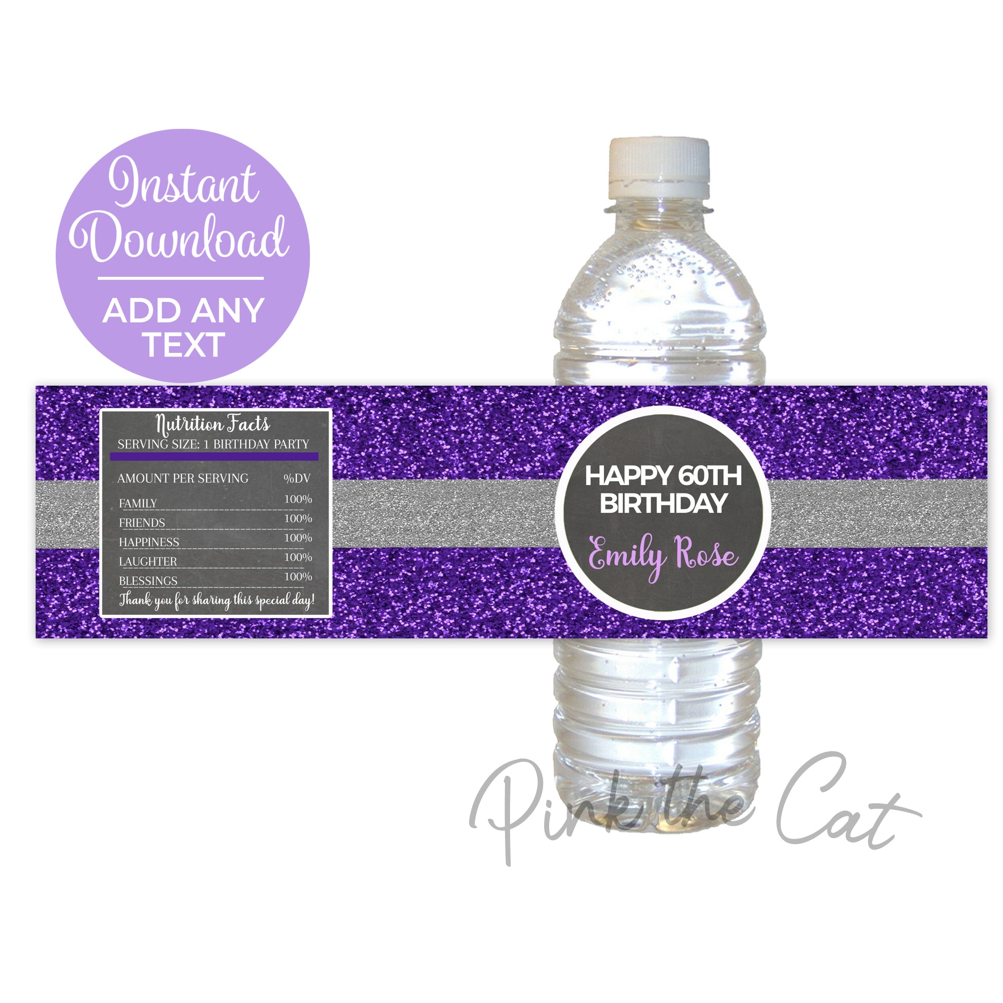 Silver and purple glitter bottle label
