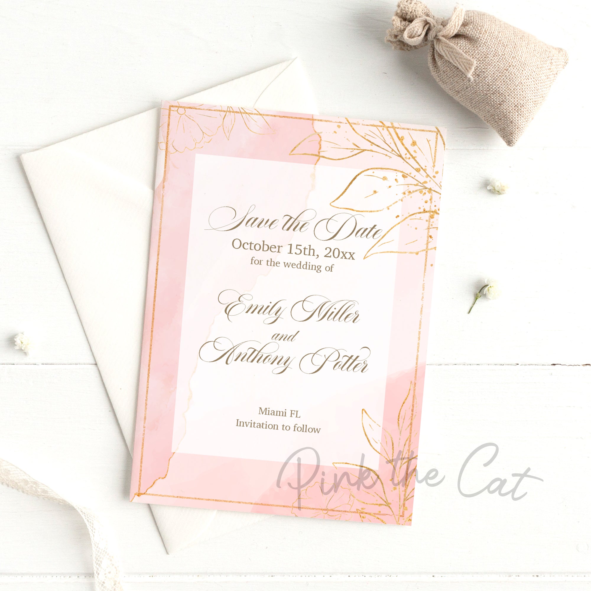 Pink gold save the date card