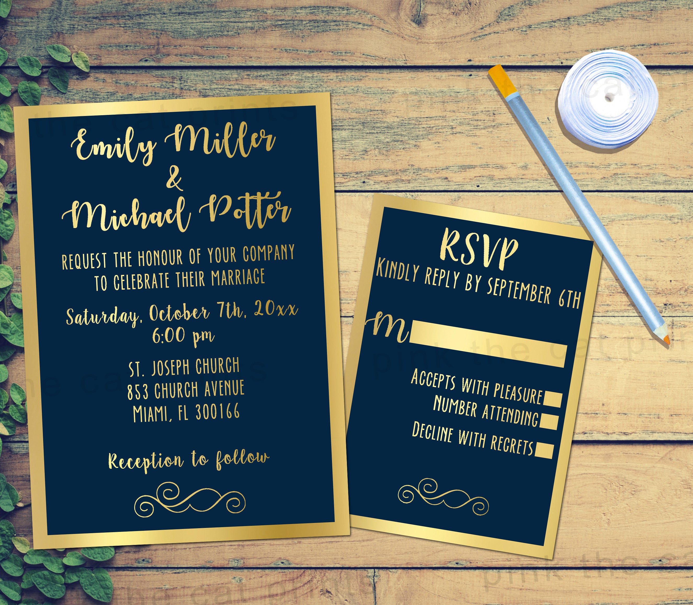 navy blue gold wedding invitatinon