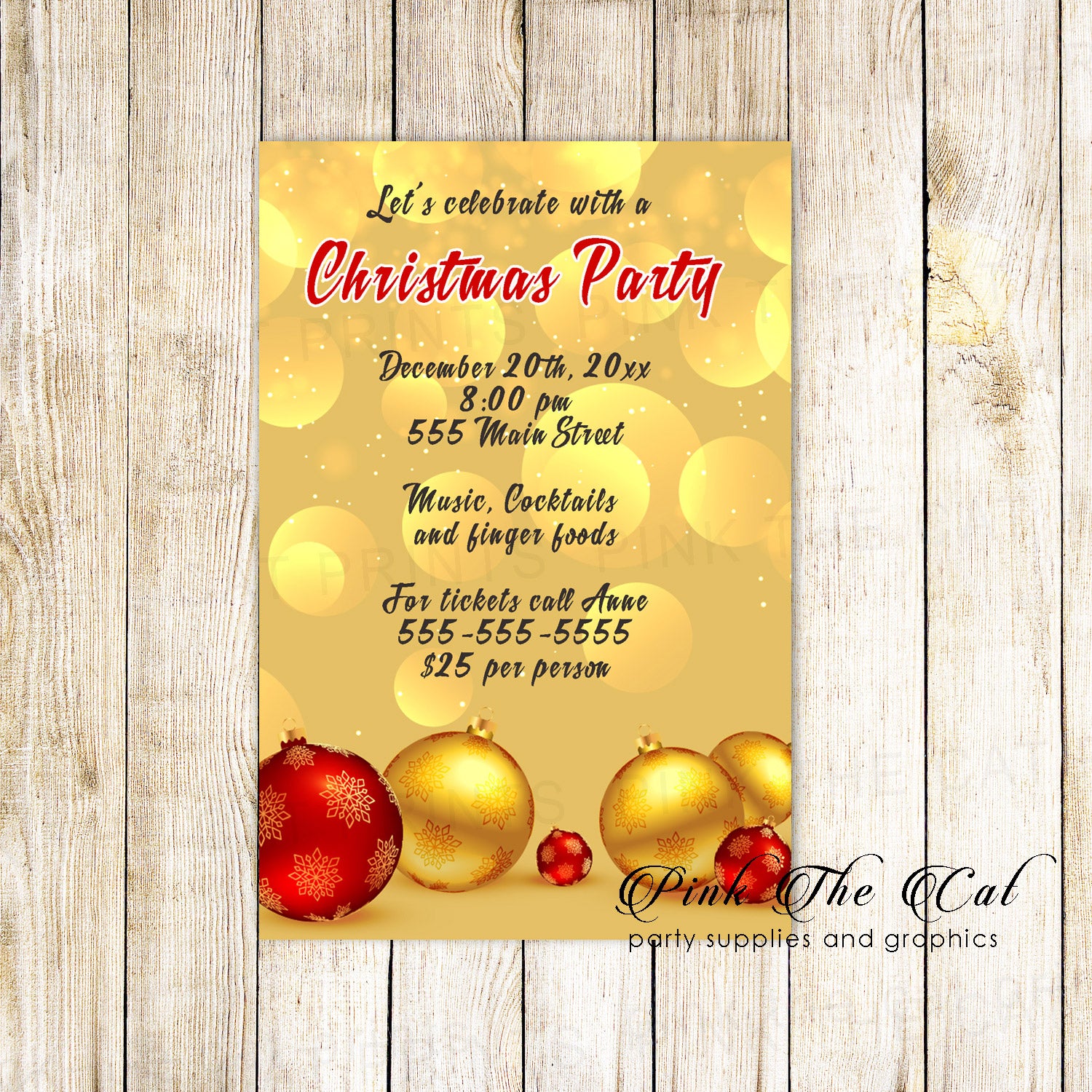 Holiday christmas party invitation red gold ornaments printable