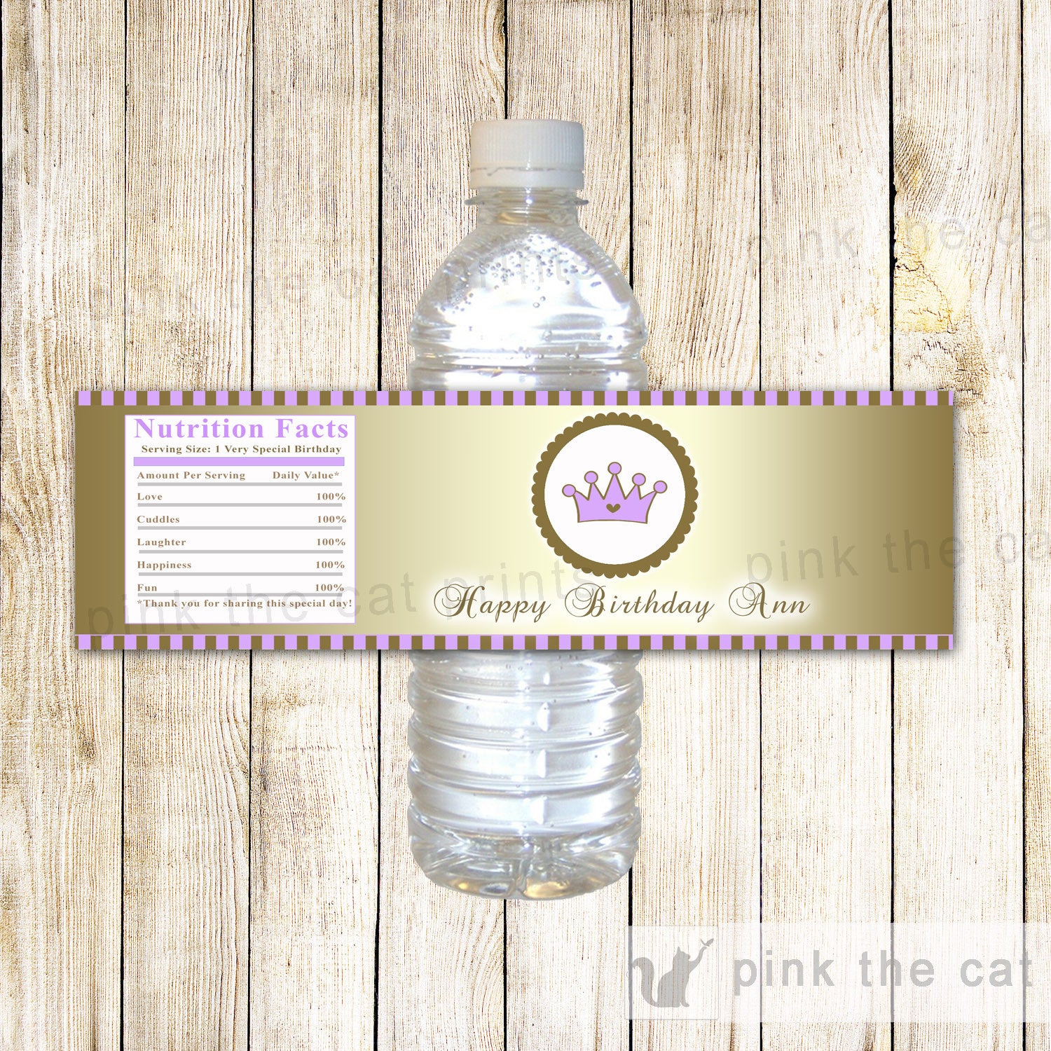 Princess Bottle Label Wrapper Baby Girl Shower Birthday Purple Gold