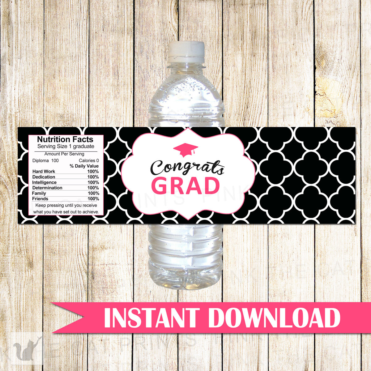 Graduation Bottle Label Wrapper Pink Black