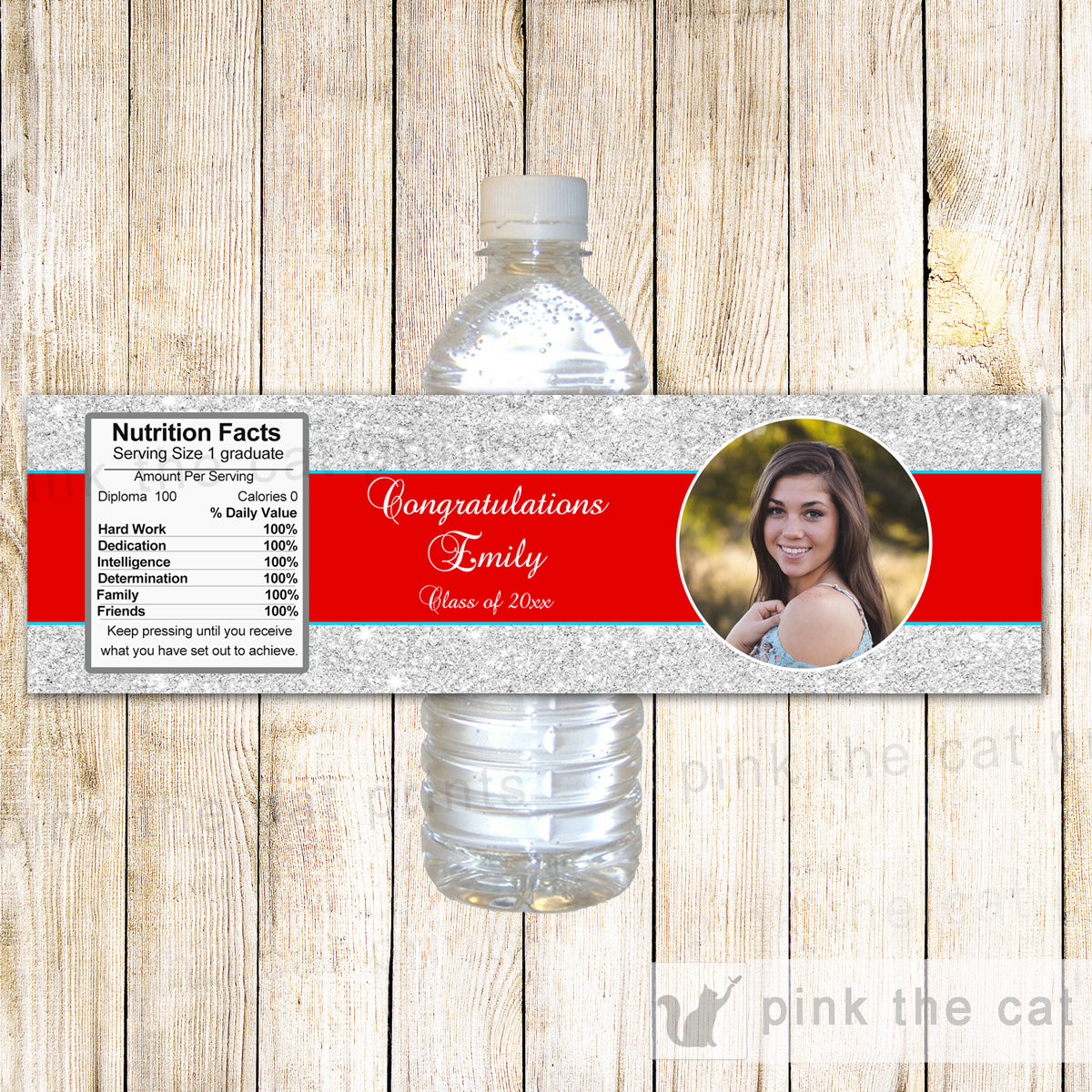 Graduation Bottle Label Silver Red With Photo