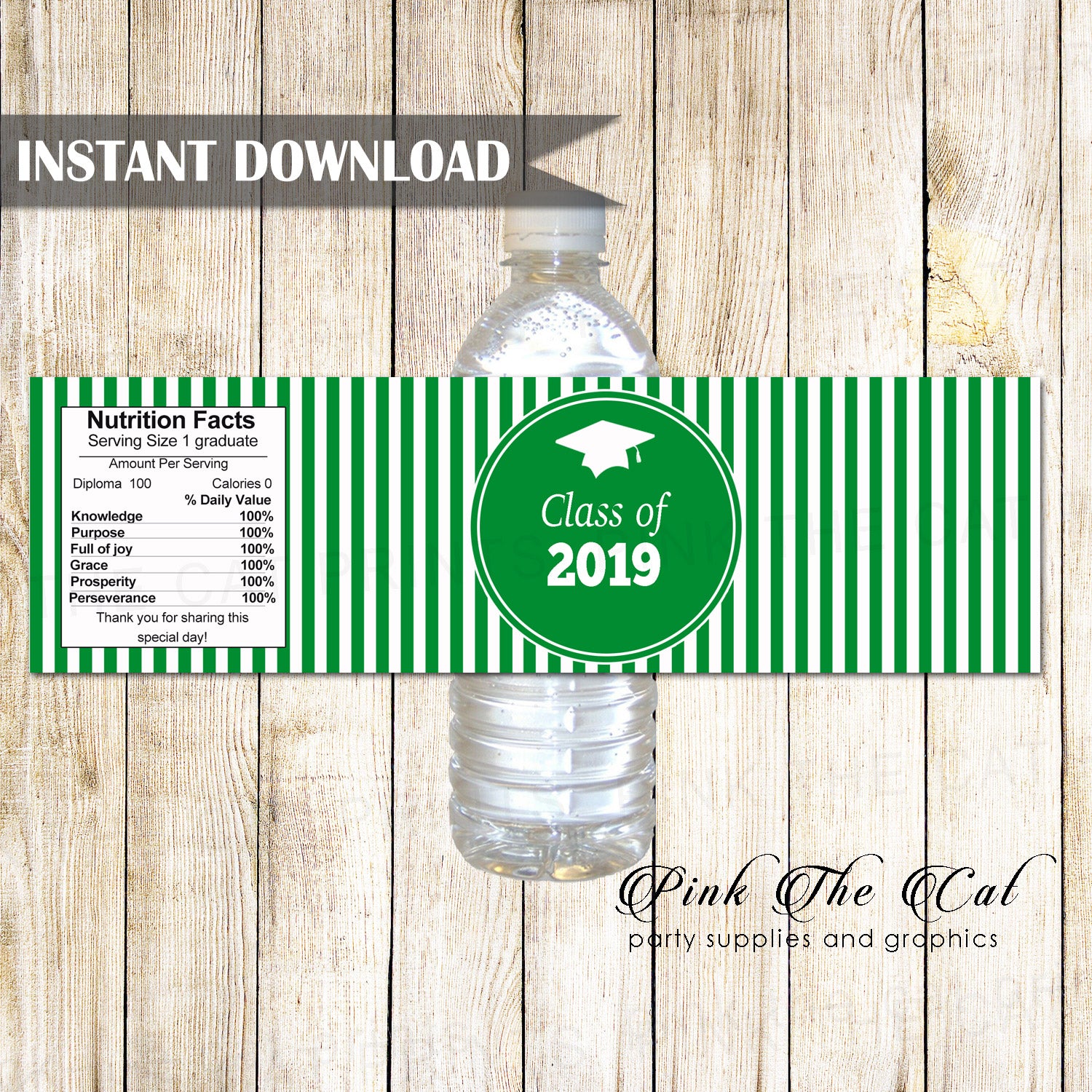 Graduation 2019 water bottle label green white printable