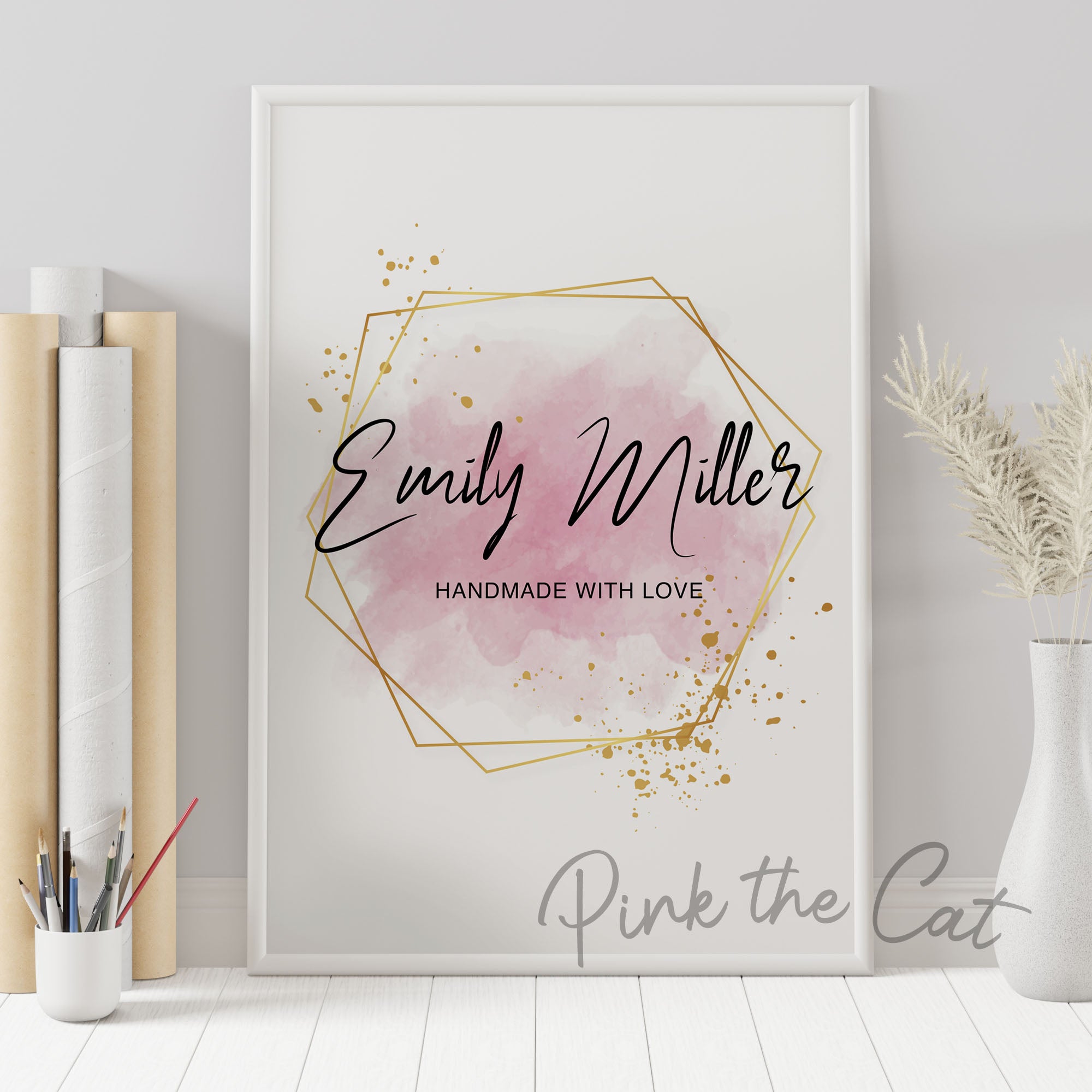 Pink gold brush watercolor logo hexagon personalized