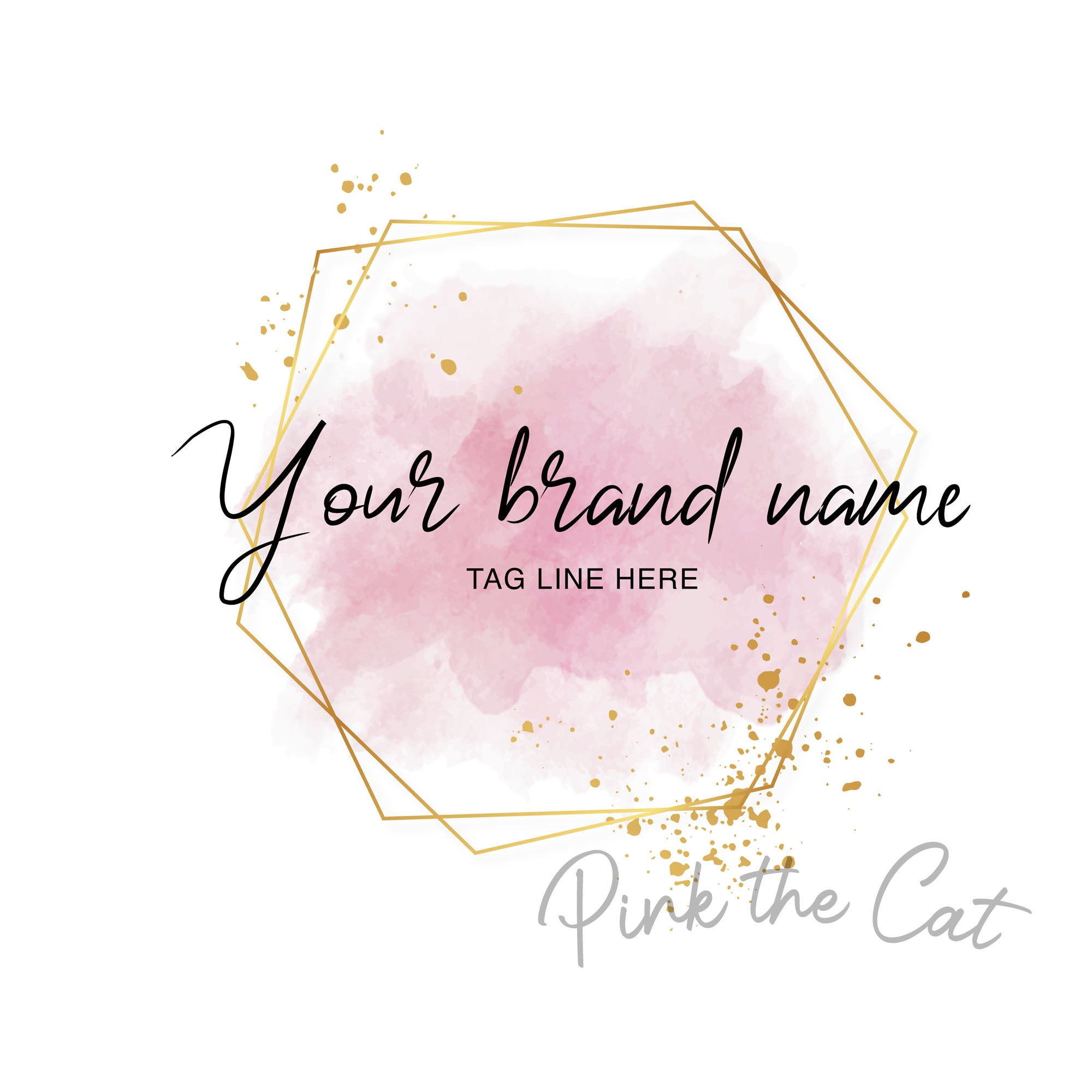 Pink gold brush watercolor logo hexagon personalized