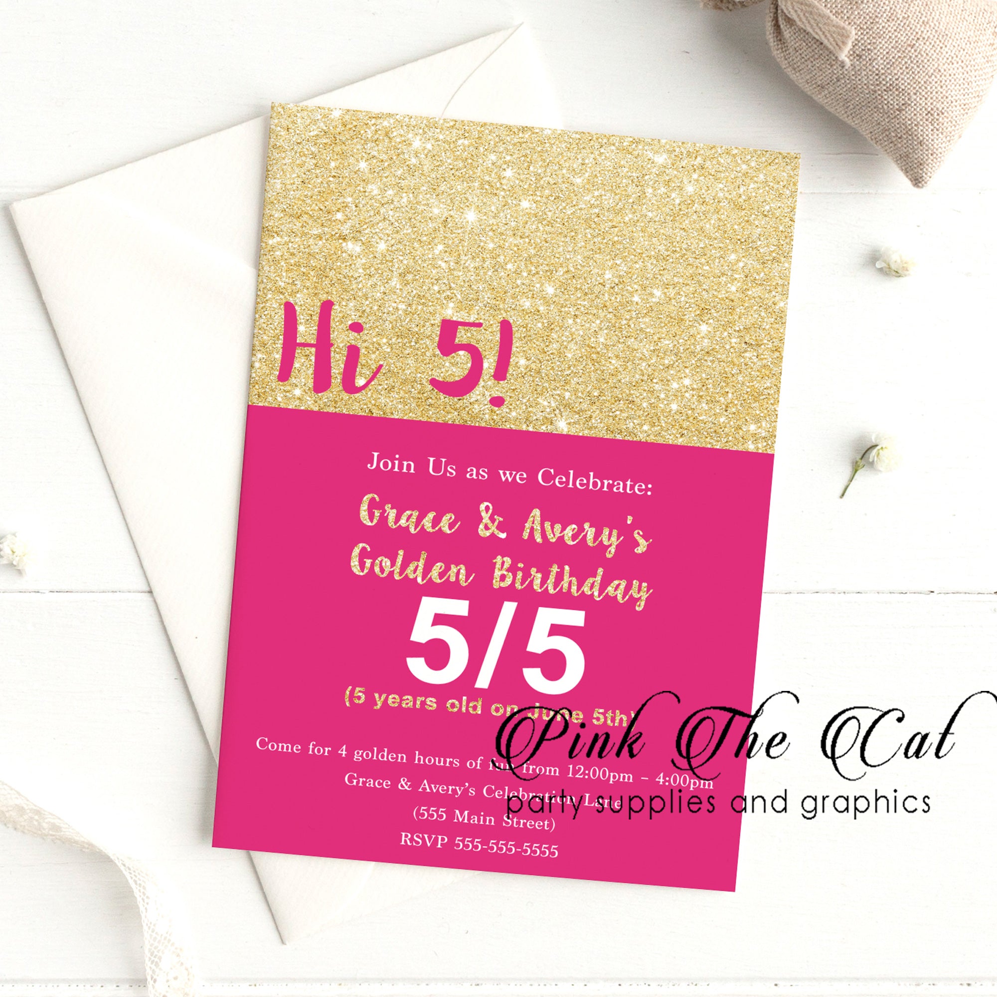 Hi 5 invitations girl 5th birthday pink gold glitter (set of 30)