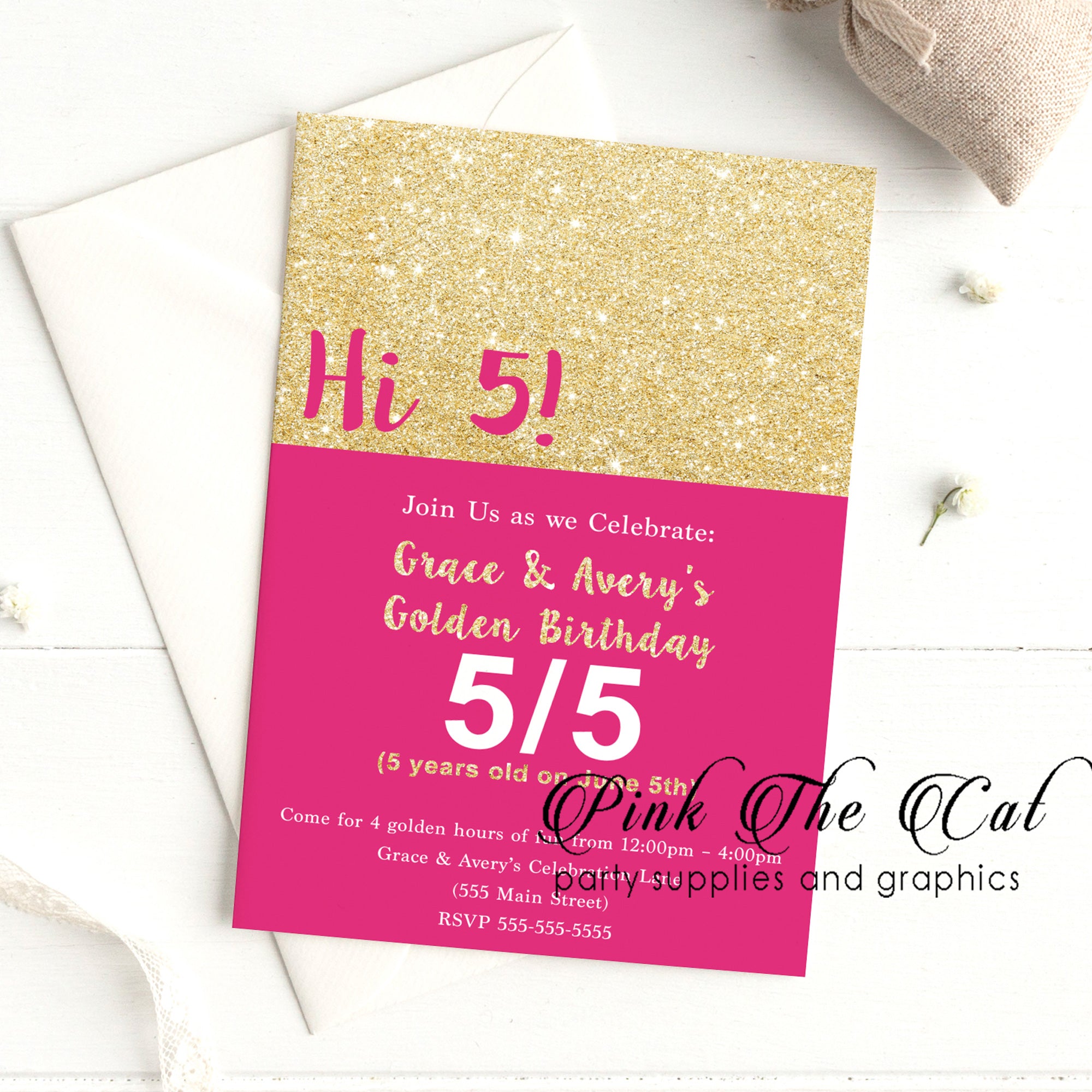 5 Invitations Hi 5 invitations pink gold glitter printable kids 5th birthday β Pink ...