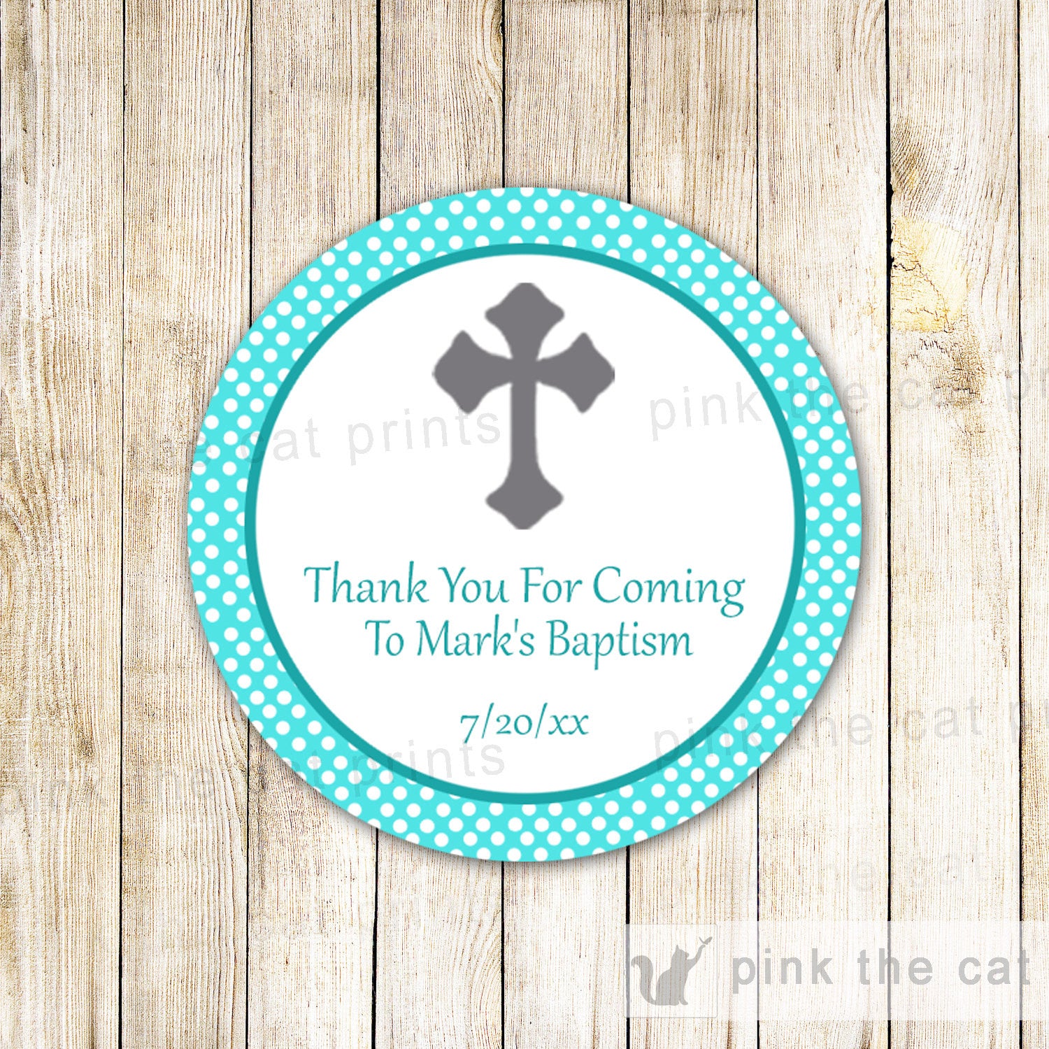 Turquoise Grey Christening Baptism Communion Label Sticker Tag