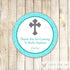 Turquoise Grey Christening Baptism Communion Label Sticker Tag