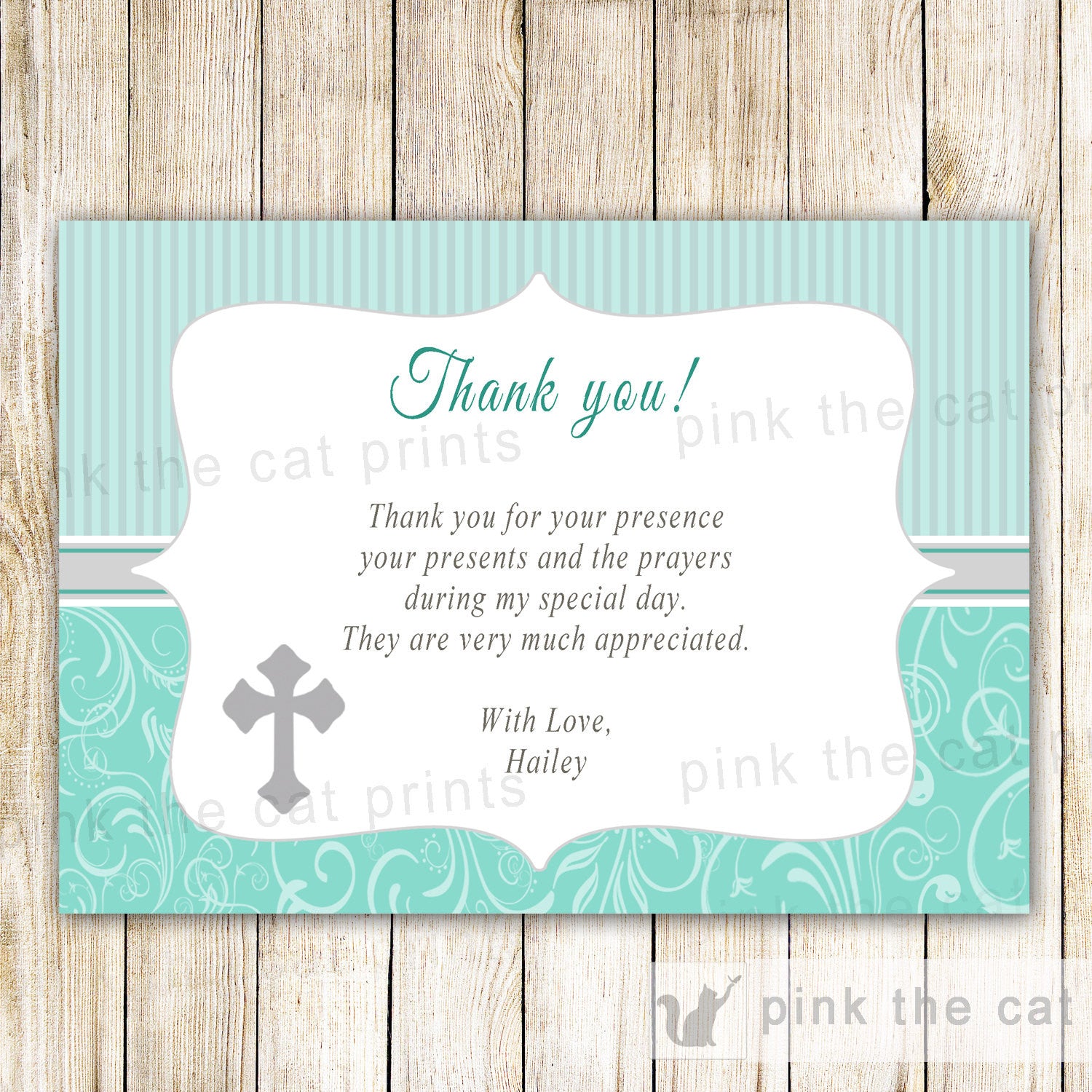 Baptism Chistening Thank You Card Note Teal Grey