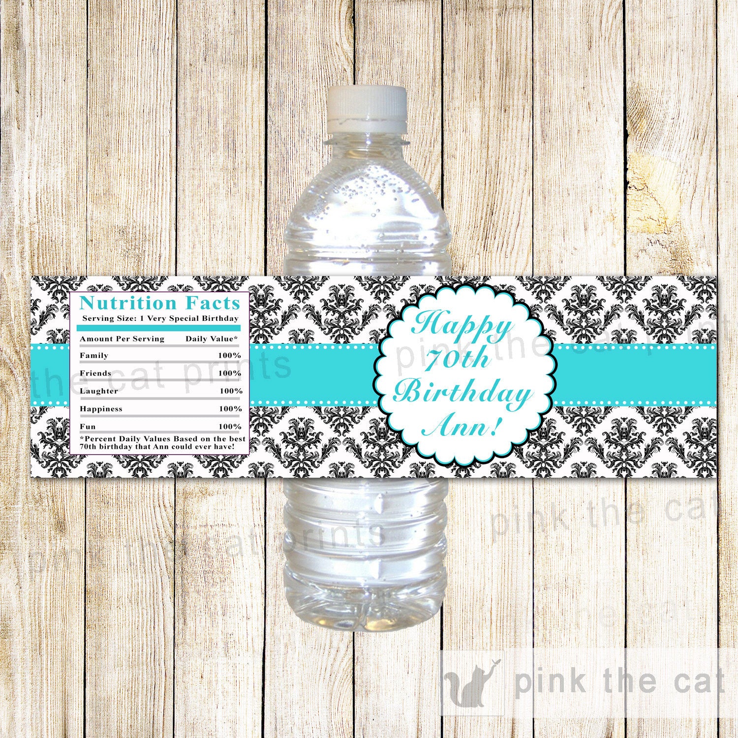 Turquoise Black Adult Birthday Party Bottle Label