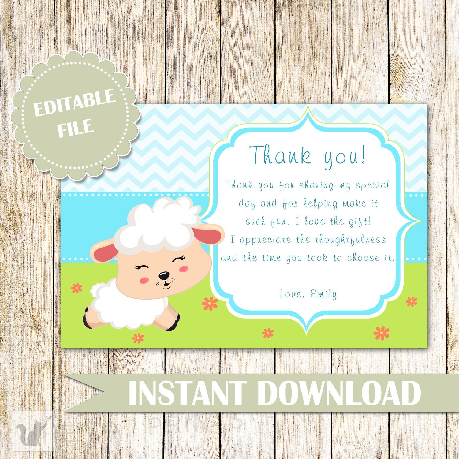 Little Lamb Thank You Card Note - Baby Shower Baby Sprinkle Kids Birthday Girl Boy Unisex Sheep Printable Editable File INSTANT DOWNLOAD