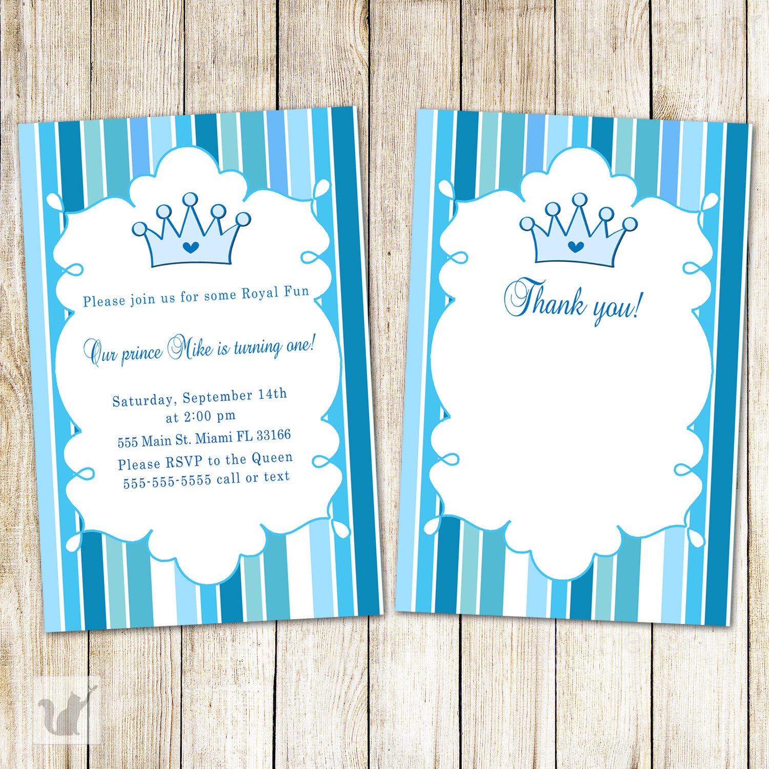 prince invitation and thank you card blue