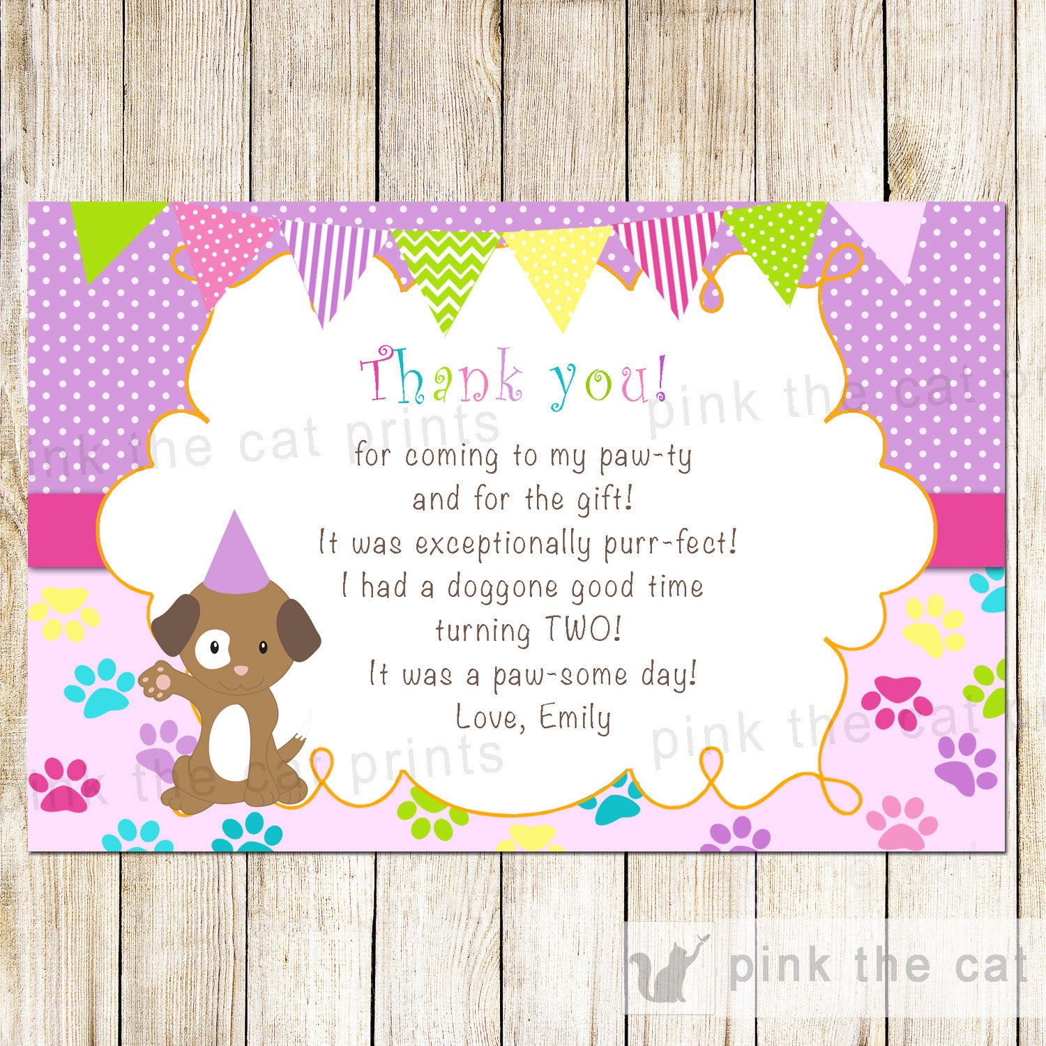 Puppy Pawty Thank You Card Note -  Kids Birthday Girl Purple Bunting Banner Fun Greeting Card Printable Editable File INSTANT DOWNLOAD