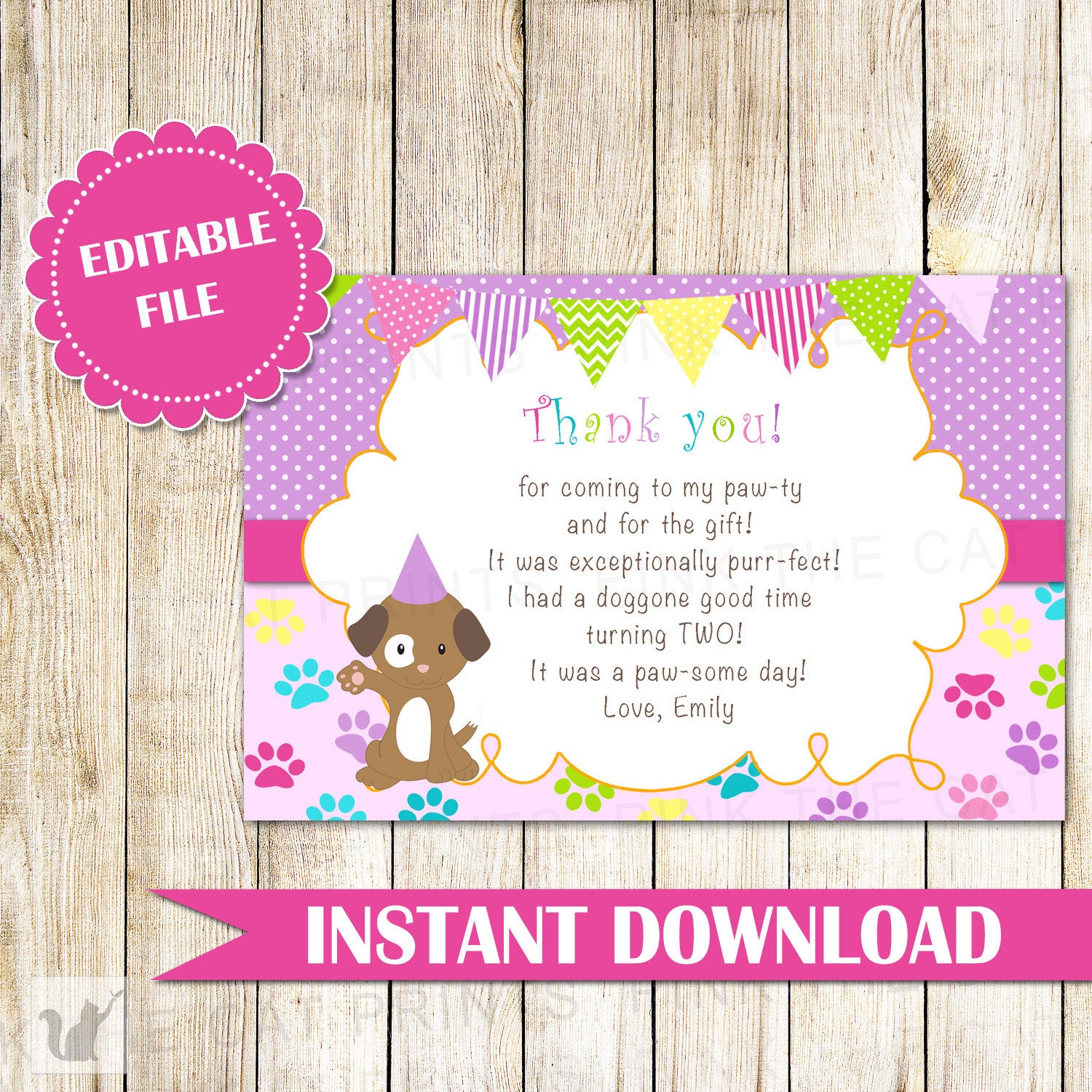 Puppy Pawty Thank You Card Note -  Kids Birthday Girl Purple Bunting Banner Fun Greeting Card Printable Editable File INSTANT DOWNLOAD