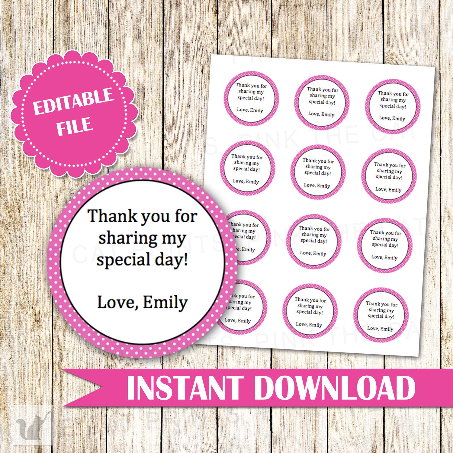 Polka Hot Pink Label - Gift Favor Tag Birthday Baby Girl Shower Printable Editable File INSTANT DOWNLOAD