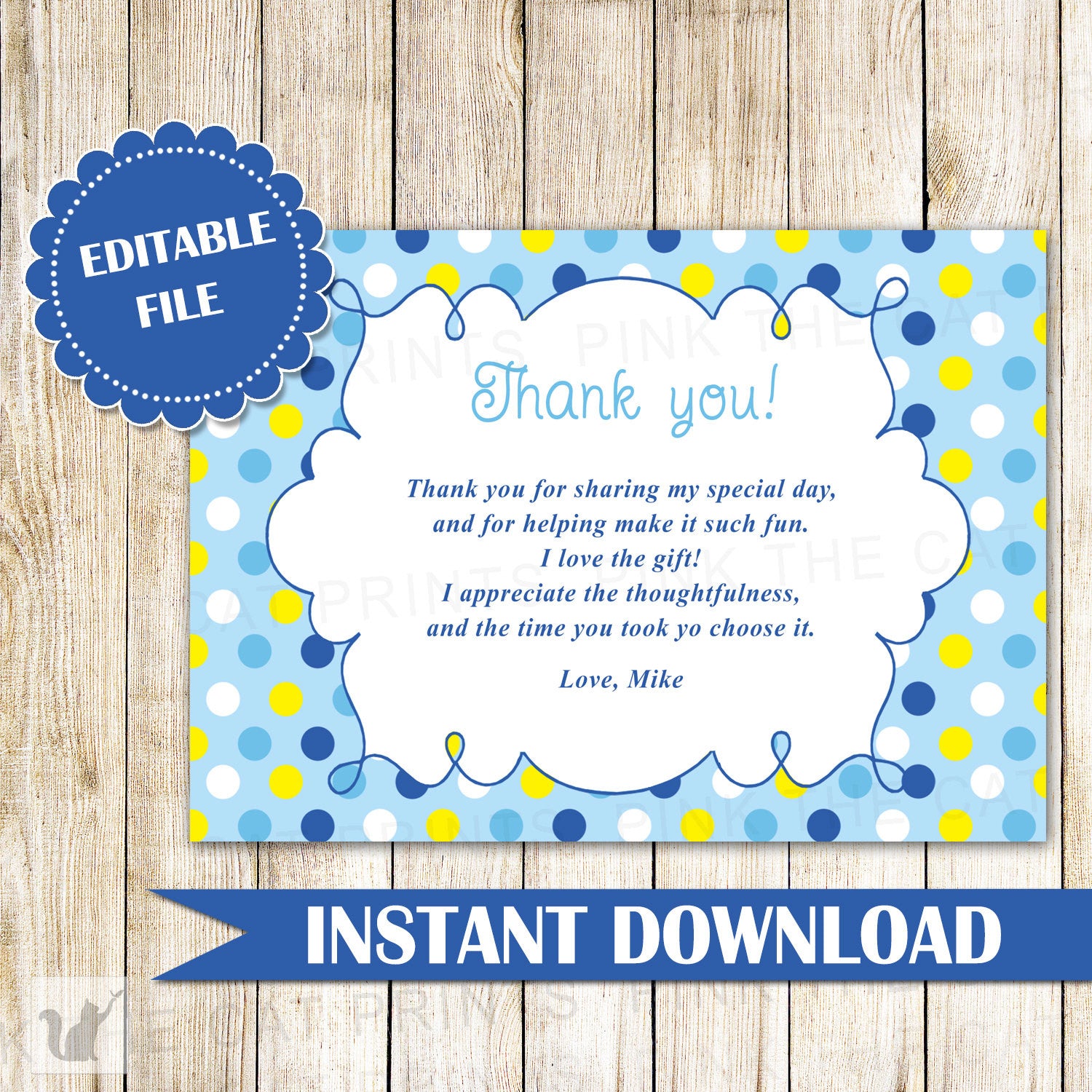 Blue Yellow Polka Dots Thank You Card Note Boy Birthday Baby Shower