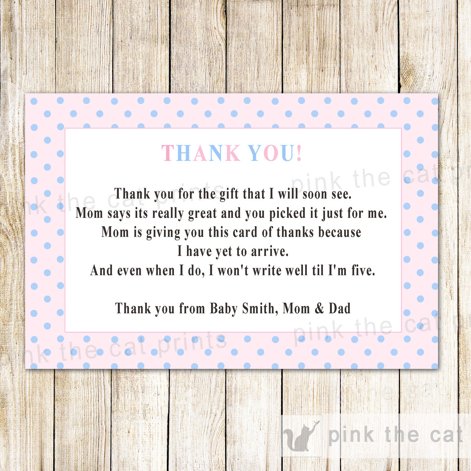 Unisex Baby Shower Thank You Card Note Blue Pink