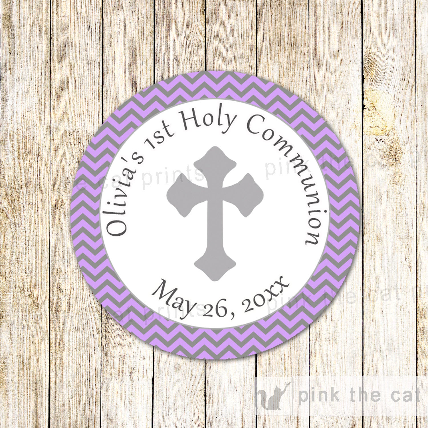 Purple Grey Favor Label Sticker Tag Girl Baptism Christening Communion