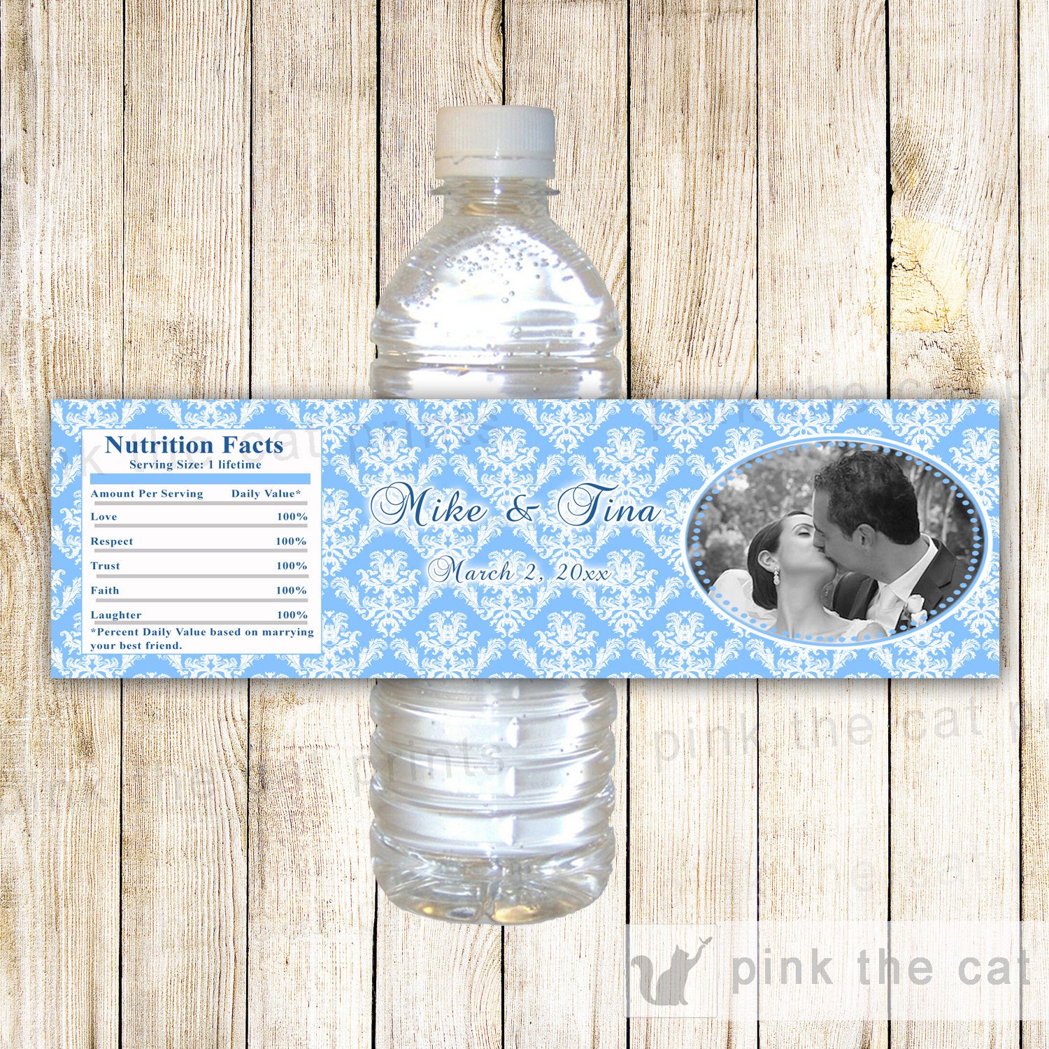 Blue Damask Anniversary Photo Bottle Labels