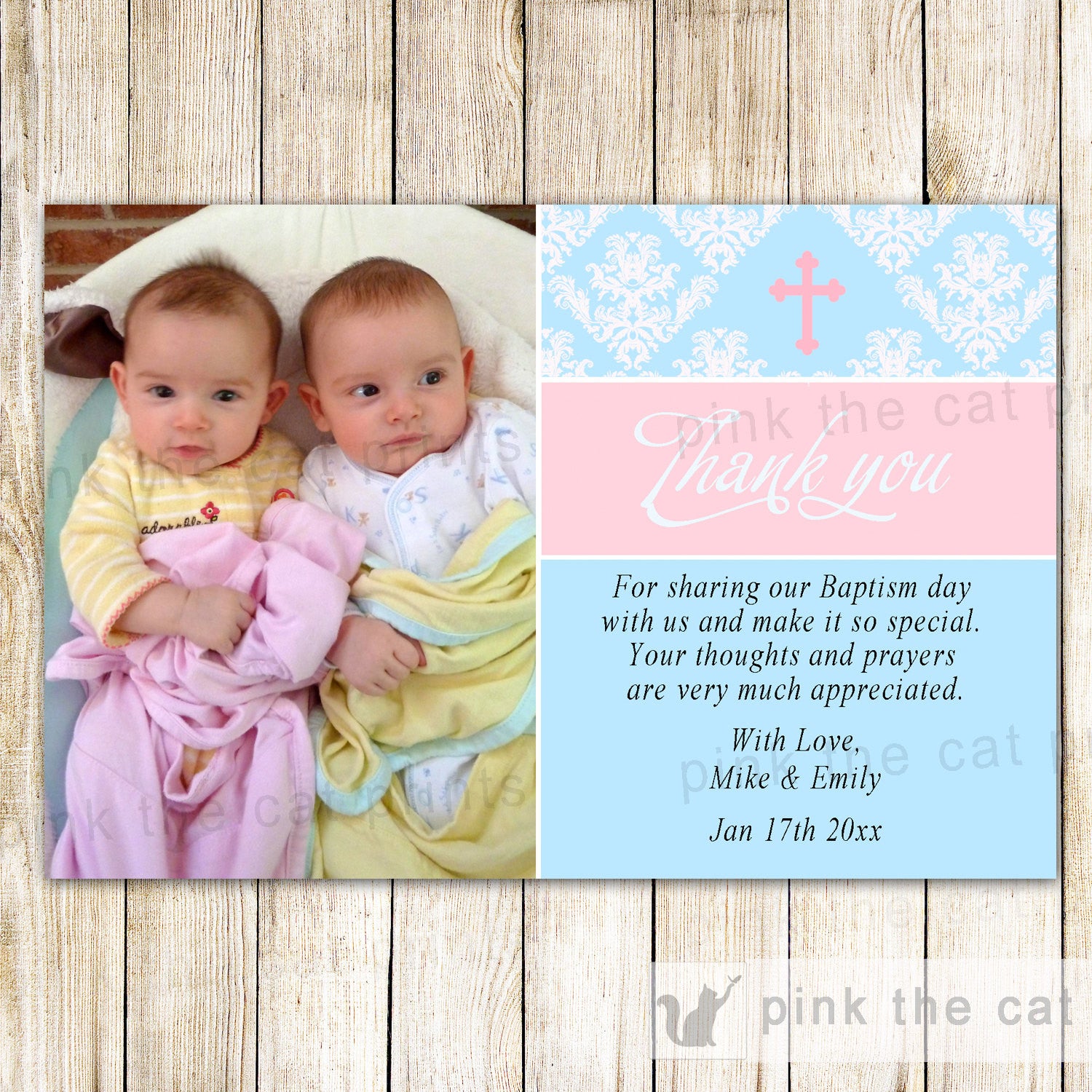 Twins Baptism Christening Thank You Note Photo Card Pink Blue