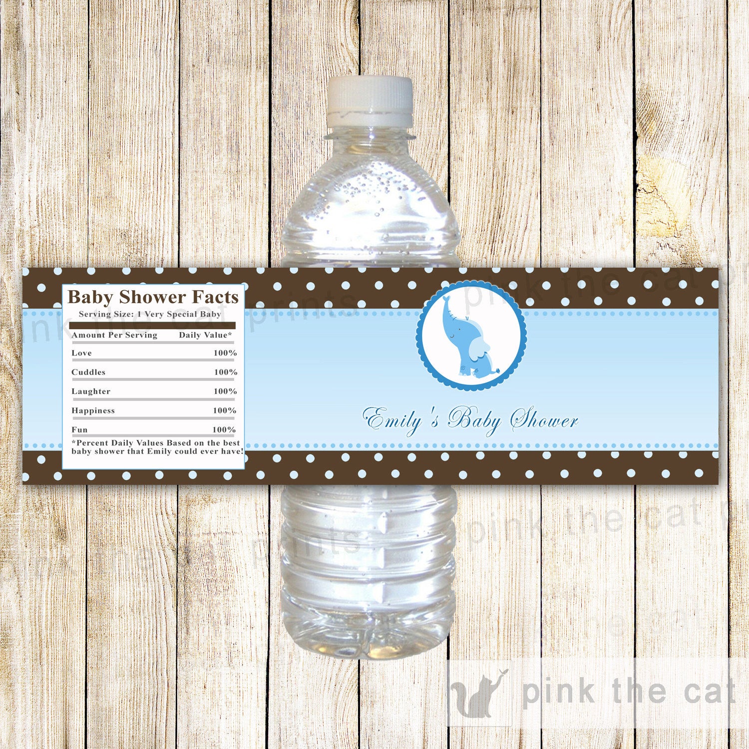 Elephant Bottle Label Baby Shower Blue Brown