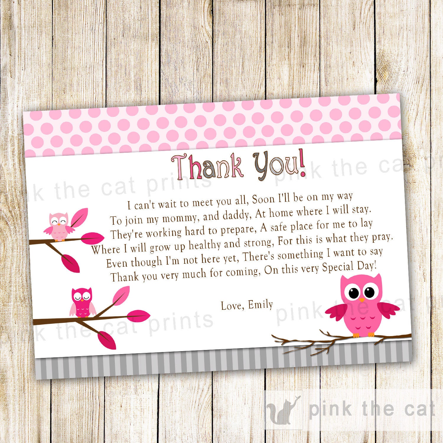 Owl Thank You Card Note Baby Shower Birthday Pink Grey