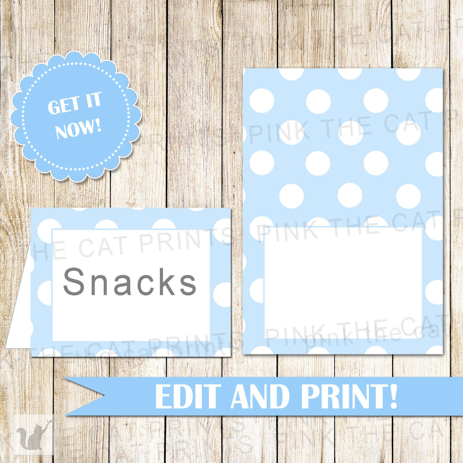 Buffet Food Label Wedding Place Seating Name Card Blue White Polka Dots