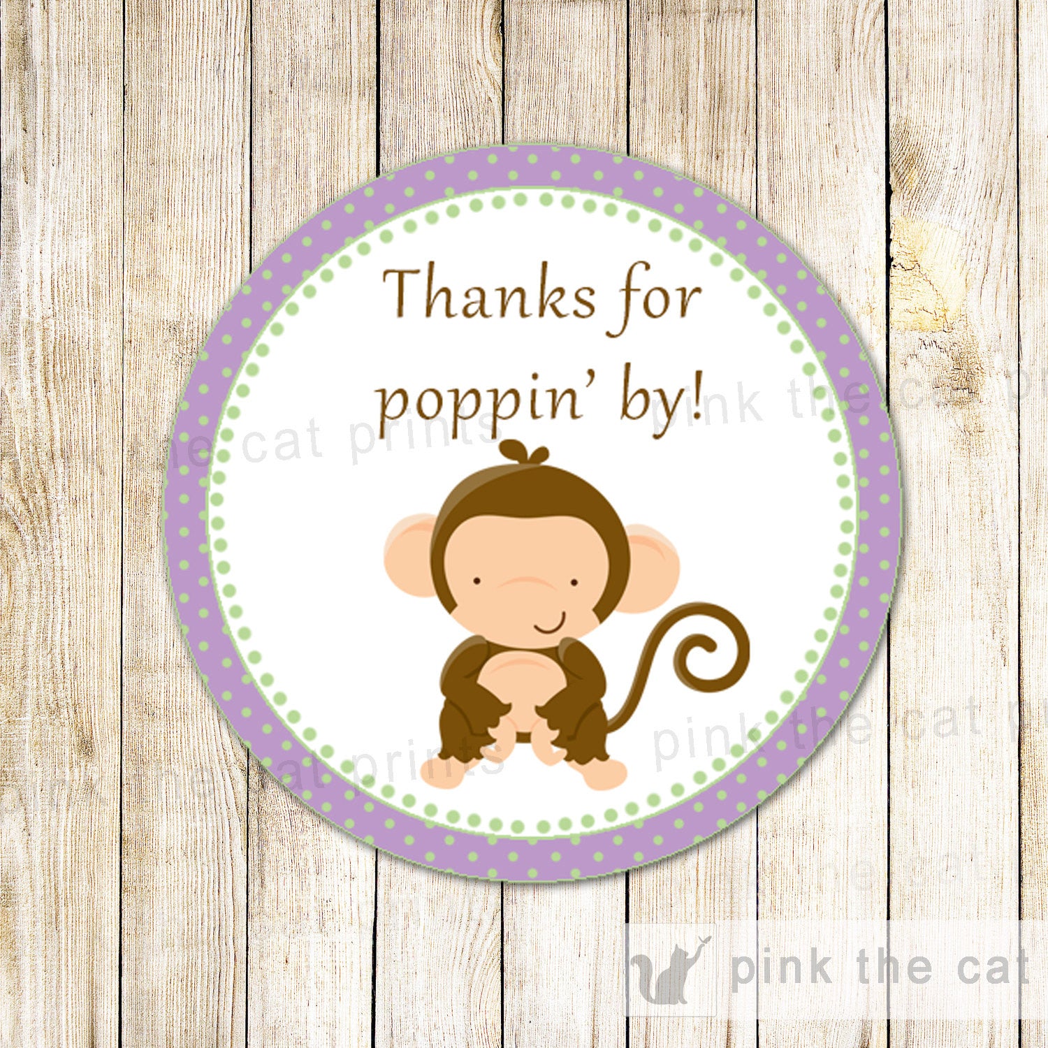 Monkey Baby Shower Gift Favor Labels Thanks For Poppin By Thank You Tags Purple Lillac Polka Dots Printable File