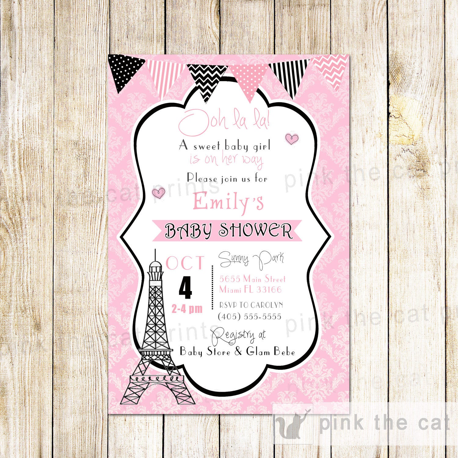 pink damask paris eiffel tower invitation