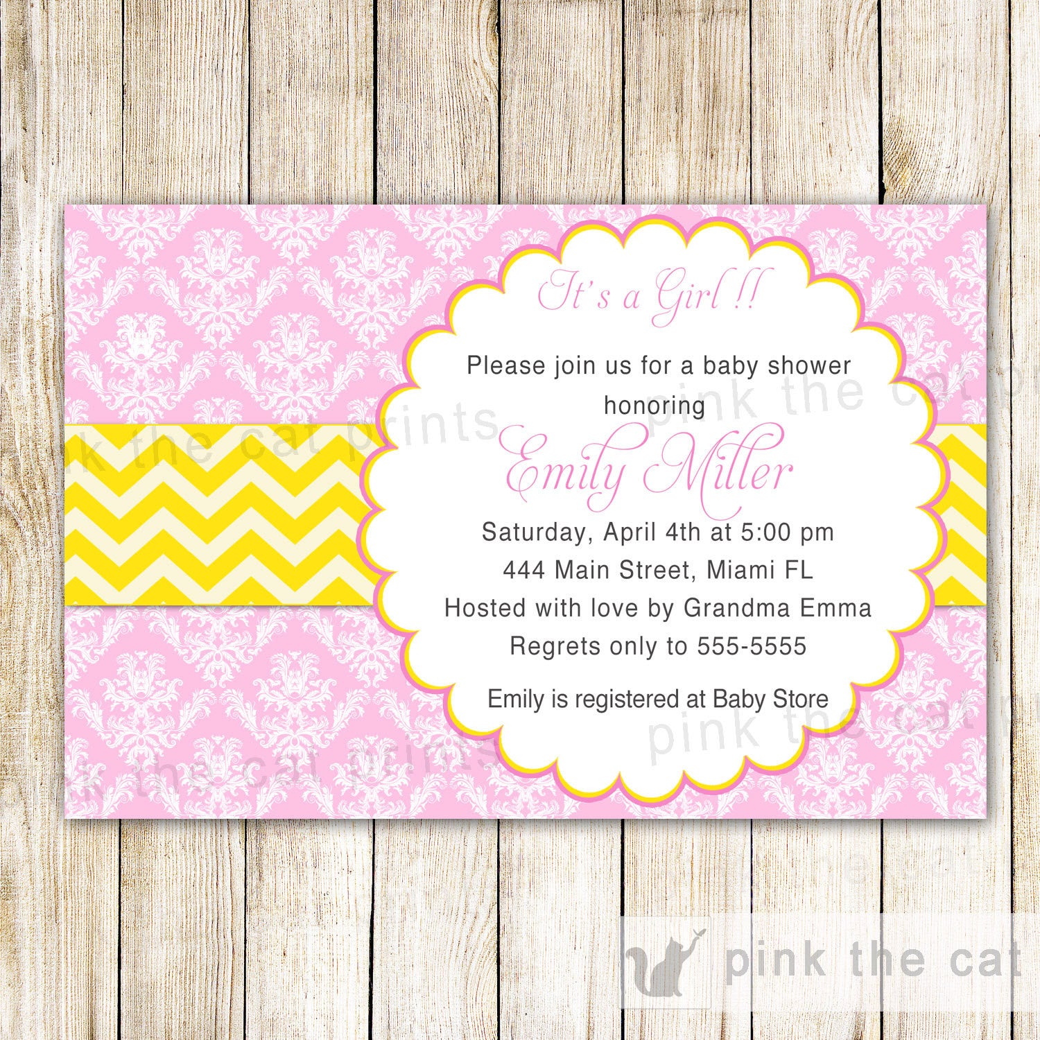Pink Yellow Baby Girl Shower Invitation Card