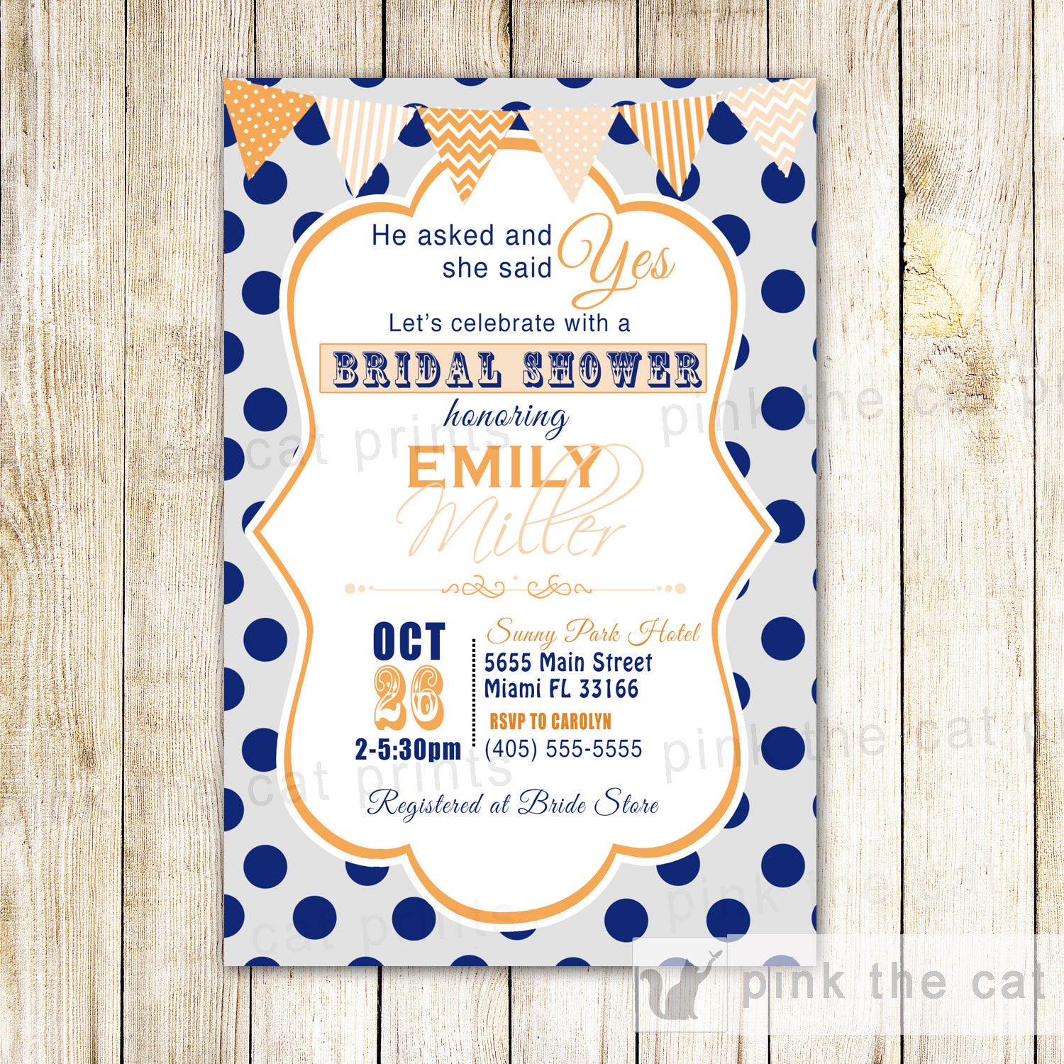 peach navy blue bridal shower invitation