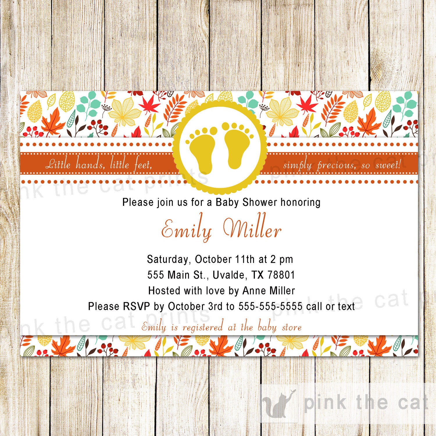 Footprints Fall Invitation Baby Shower Unisex Autumn Leaves Printable